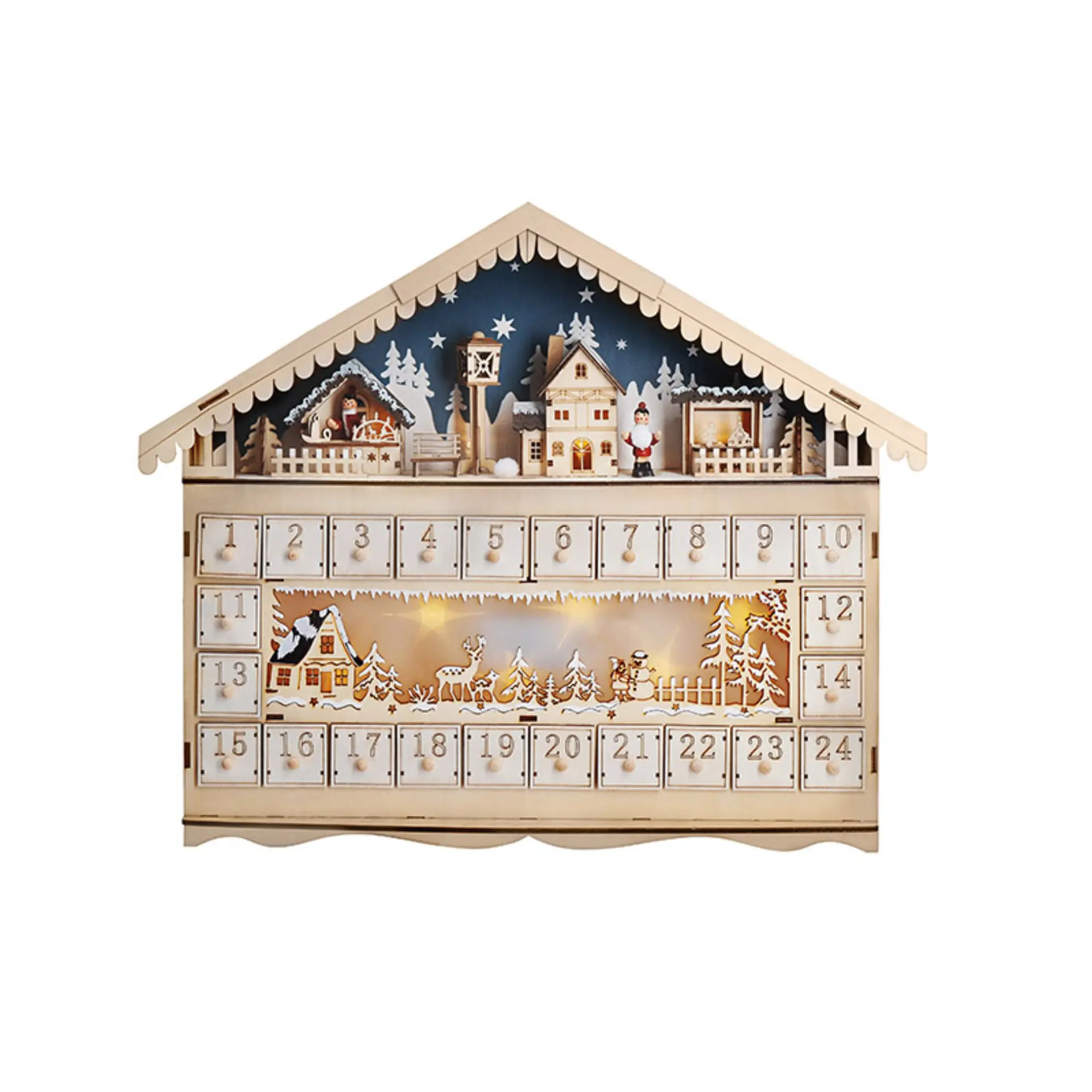 Solight LED adventní kalendář horská chata, 10x LED, 50x40cm, 2x AA