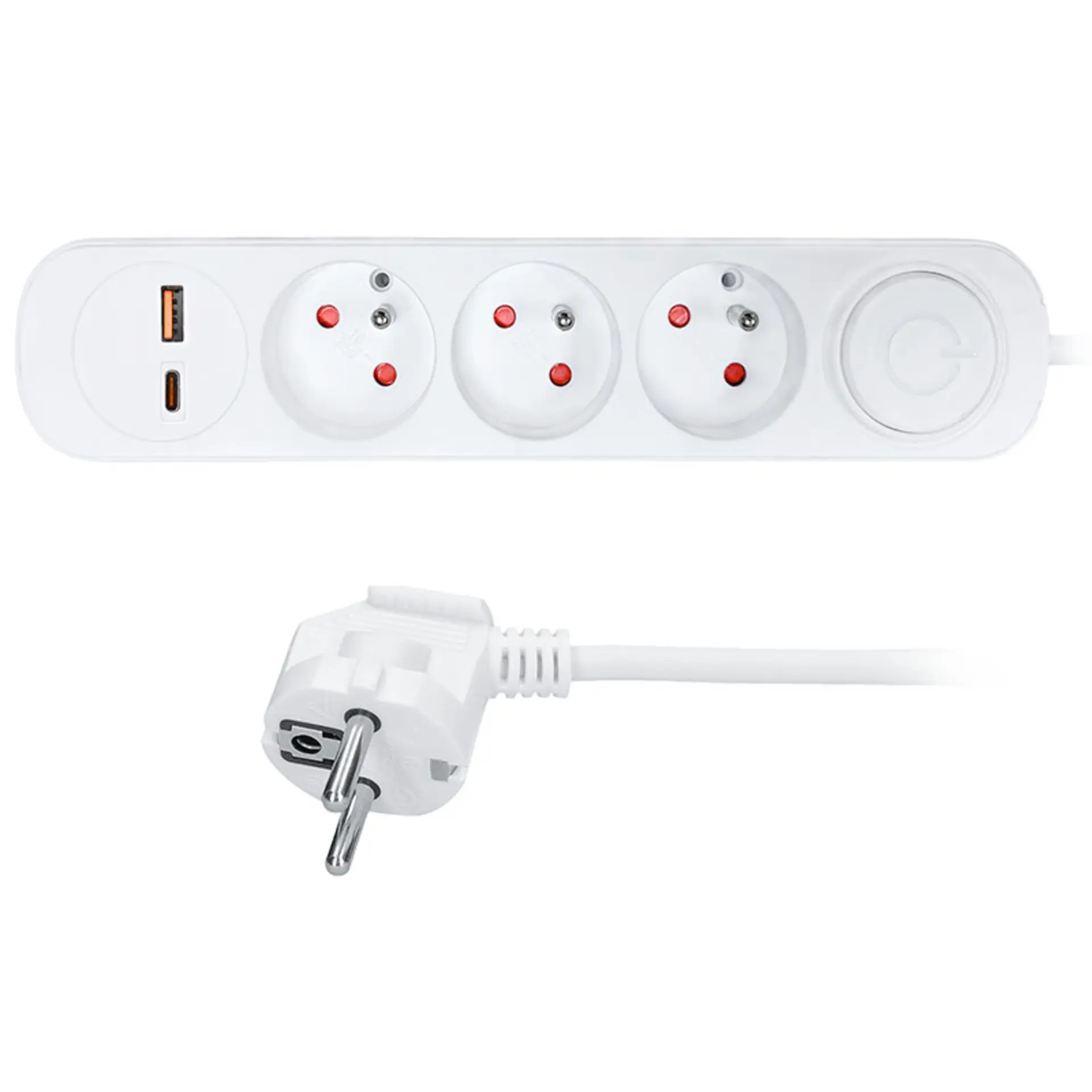 Solight prodlužovací přívod 3 zásuvky, USB A+C 20W PD, 3m, 3 x 1mm2, bílý, vypínač PP112PD20