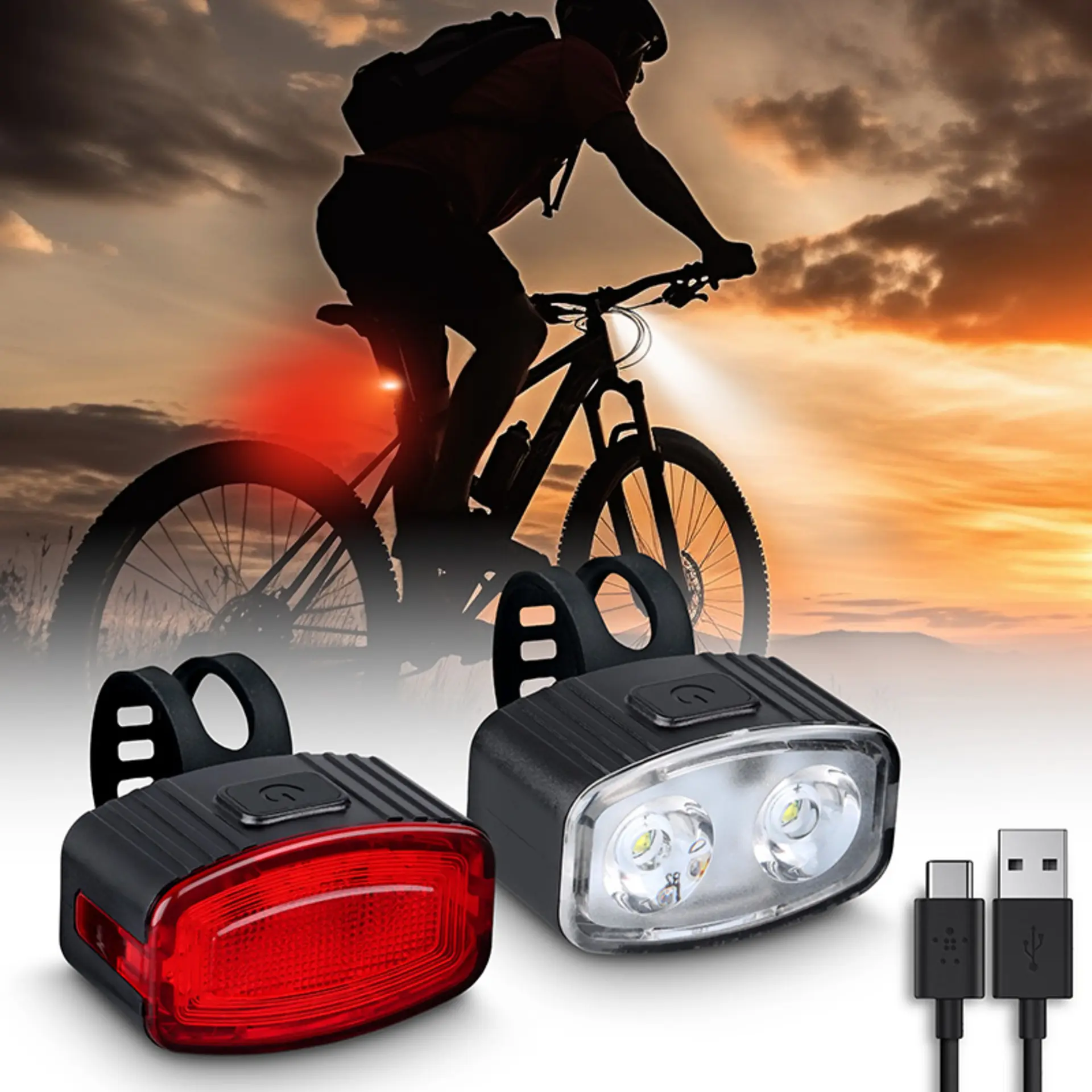 Set nabíjecích USB cyklistických světel - 160lm přední - zadní červená - Li-Ion baterie - Solight WN