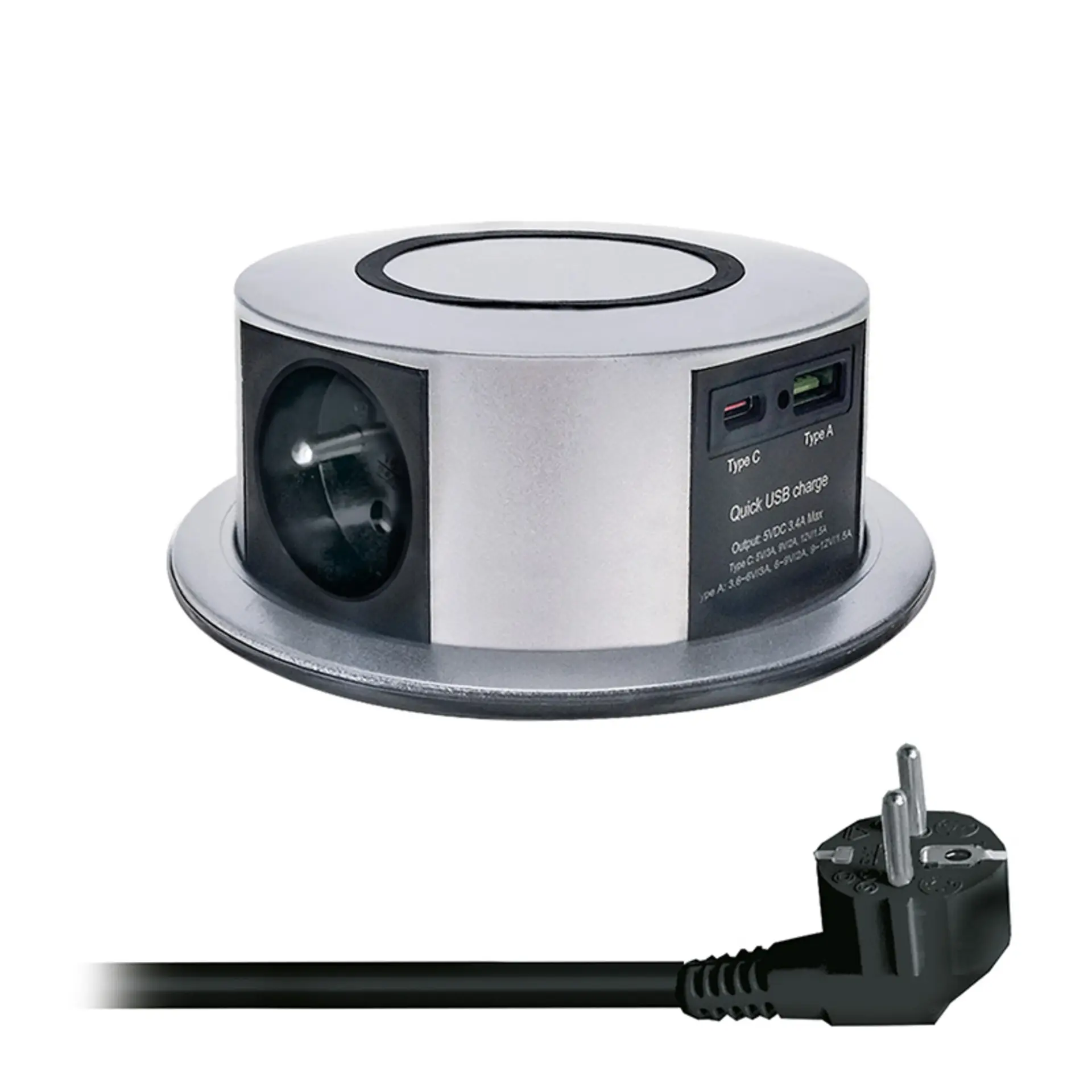 Solight 3z + USB A+C 20W PD, Wireless 10W, výsuvný blok zásuvek, 2m, stříbrný PP120CW-PD20