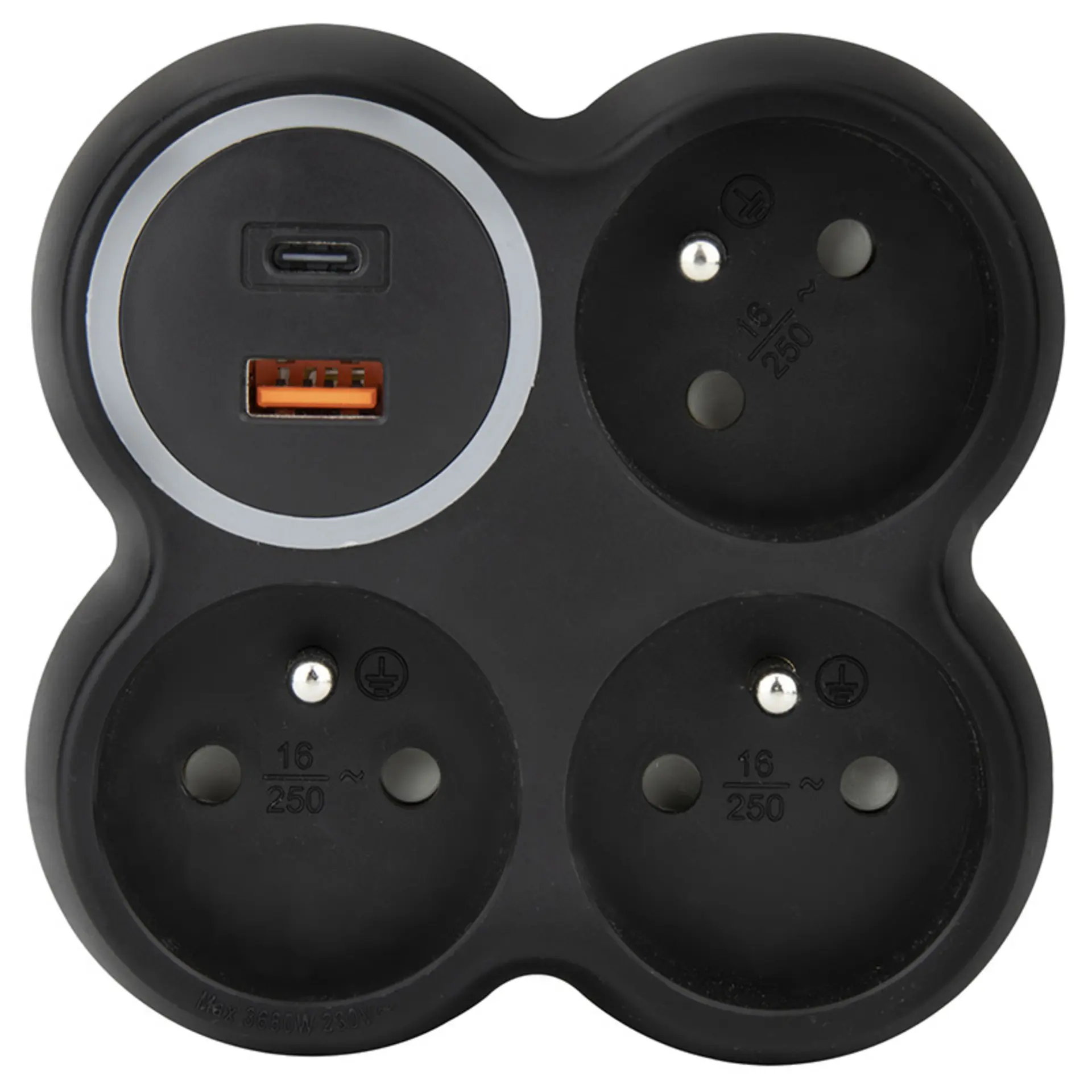 Solight rozbočka, 3x 15A, USB A+C rychlonabíječka 20W PD, matná černá P106CB-PD20