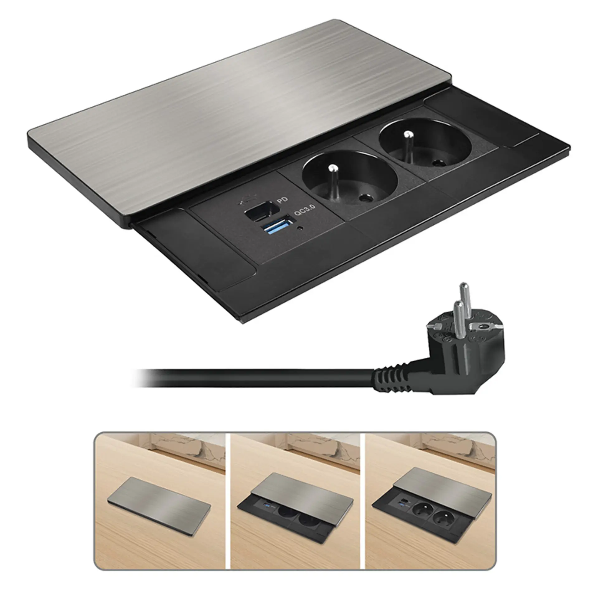 Solight vestavný blok zásuvek s posuvným krytem, 2 zásuvky, USB A+C 20W PD, 2m, stříbrný PP128C-PD20