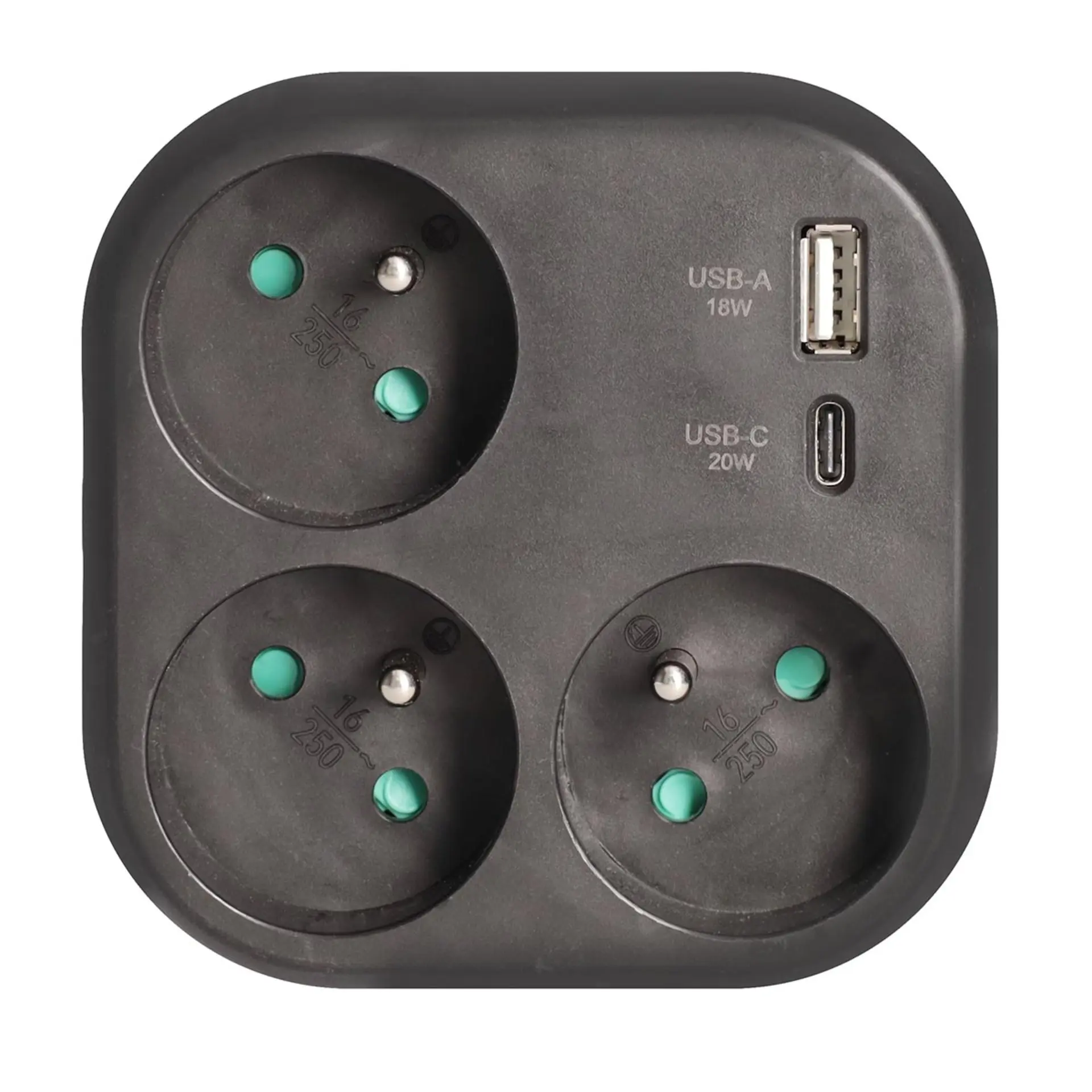 Solight rozbočka 3x 16A, USB A+C rychlonabíječka 20W PD, černá P112B-PD20