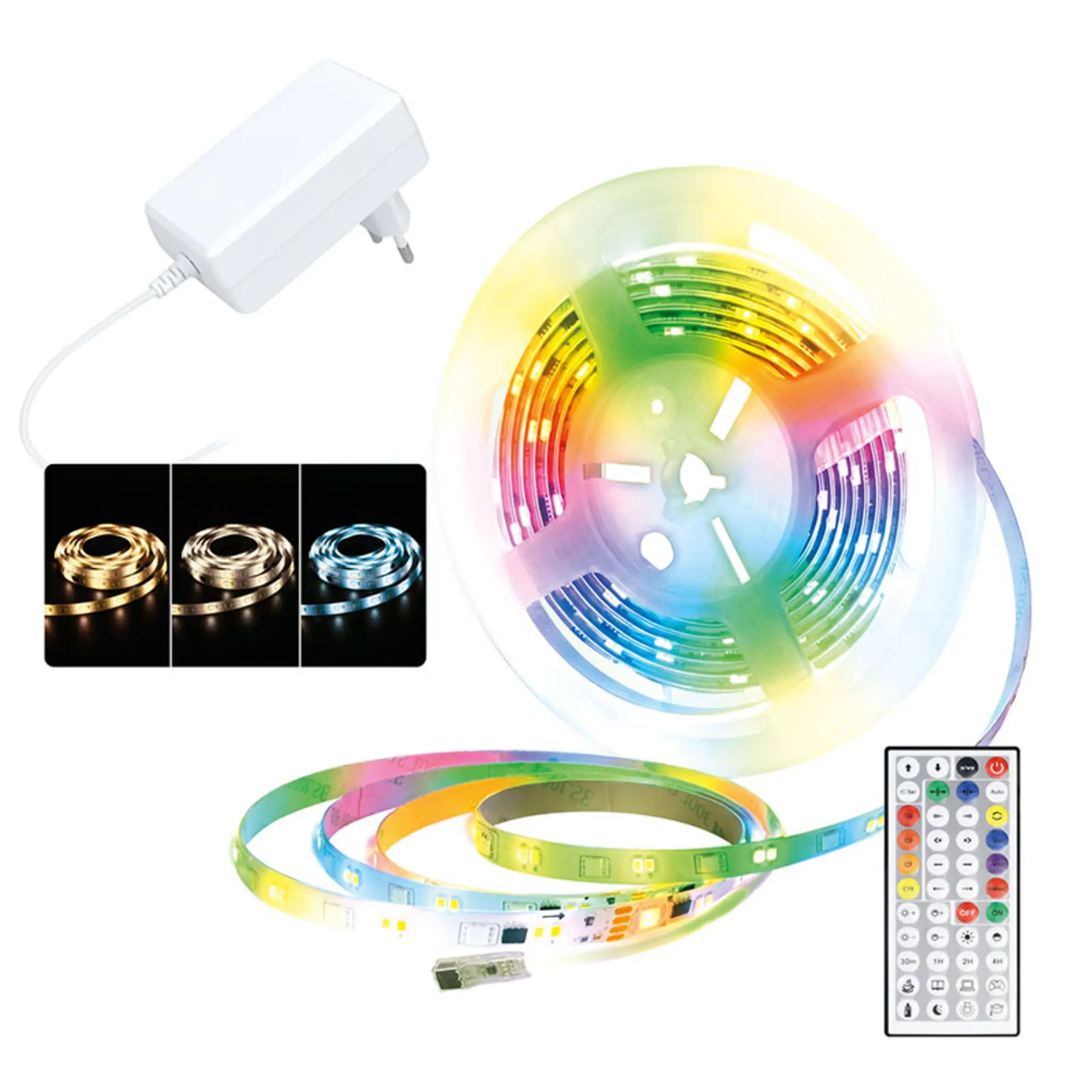 Solight LED světelný pás, RGB + 3CCT, 5m, sada s 24V adaptérem a dálk. ovladačem, 5W/m, IP65 WM60
