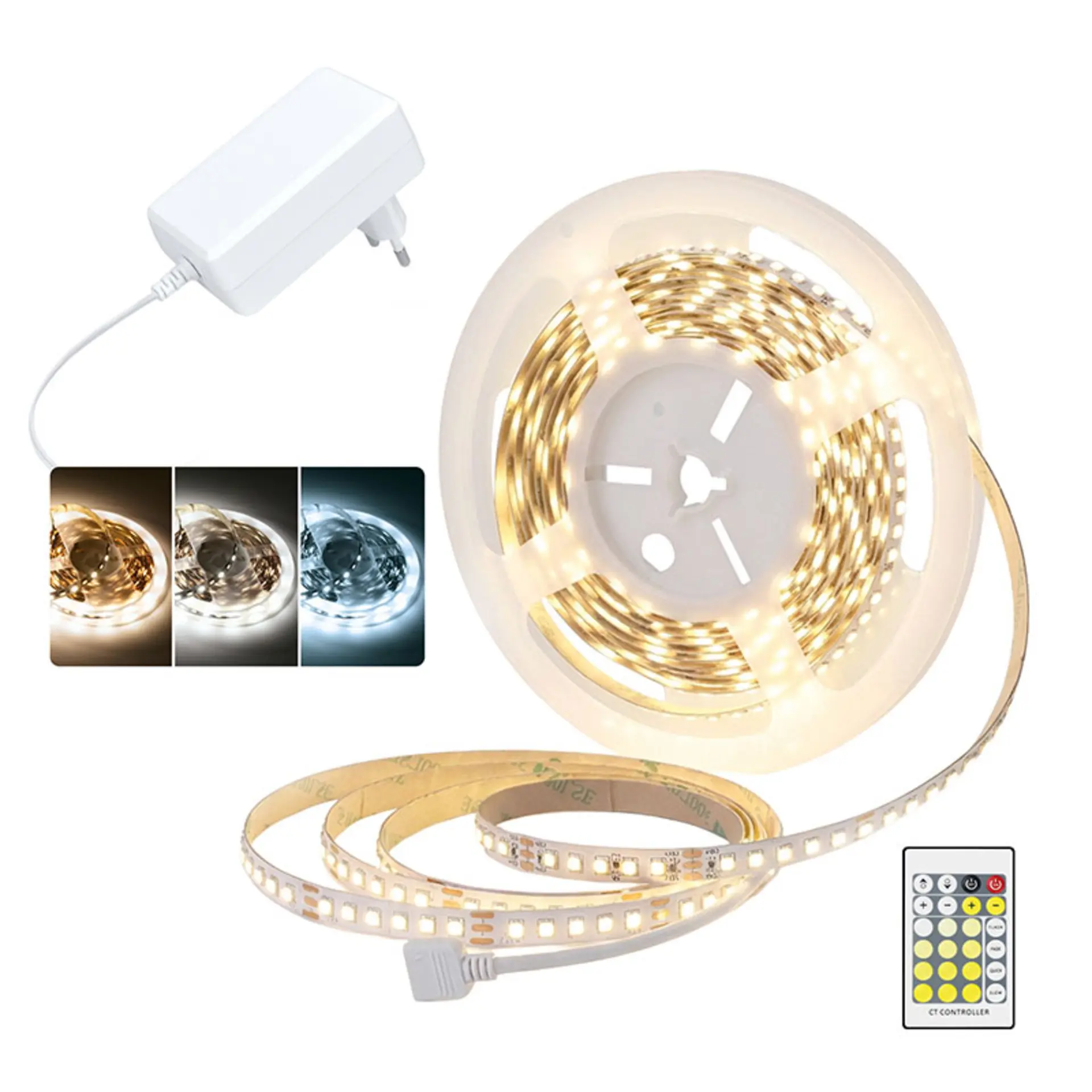 Solight LED světelný pás, 3CCT, 5m, sada s 12V adaptérem a dálk. ovladačem, 8W/m, IP20, 8mm WM61-3CCT
