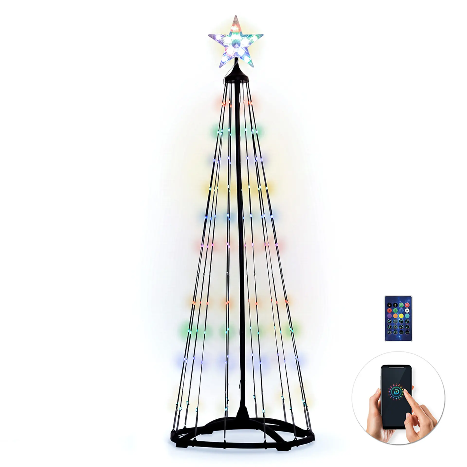 Solight smart vánoční stromek, 150 LED, 1,5m, IP44, RGB, dálkový ovladač + BT aplikace 1V301