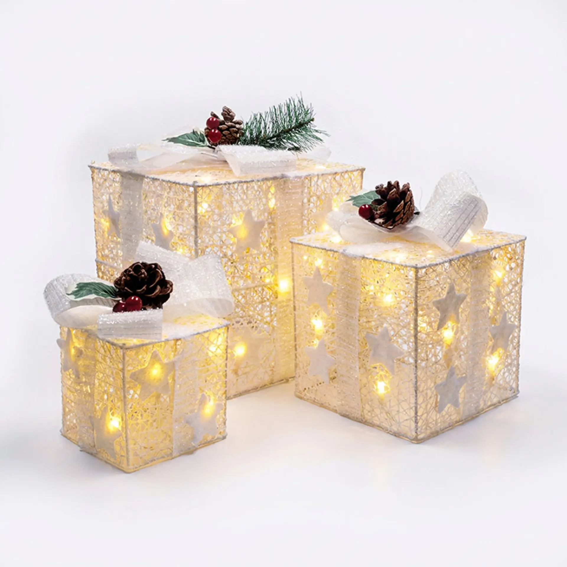 Solight sada 3 LED vánočních dárků, 48x LED, IP44, 230V, bílé provedení 1V304