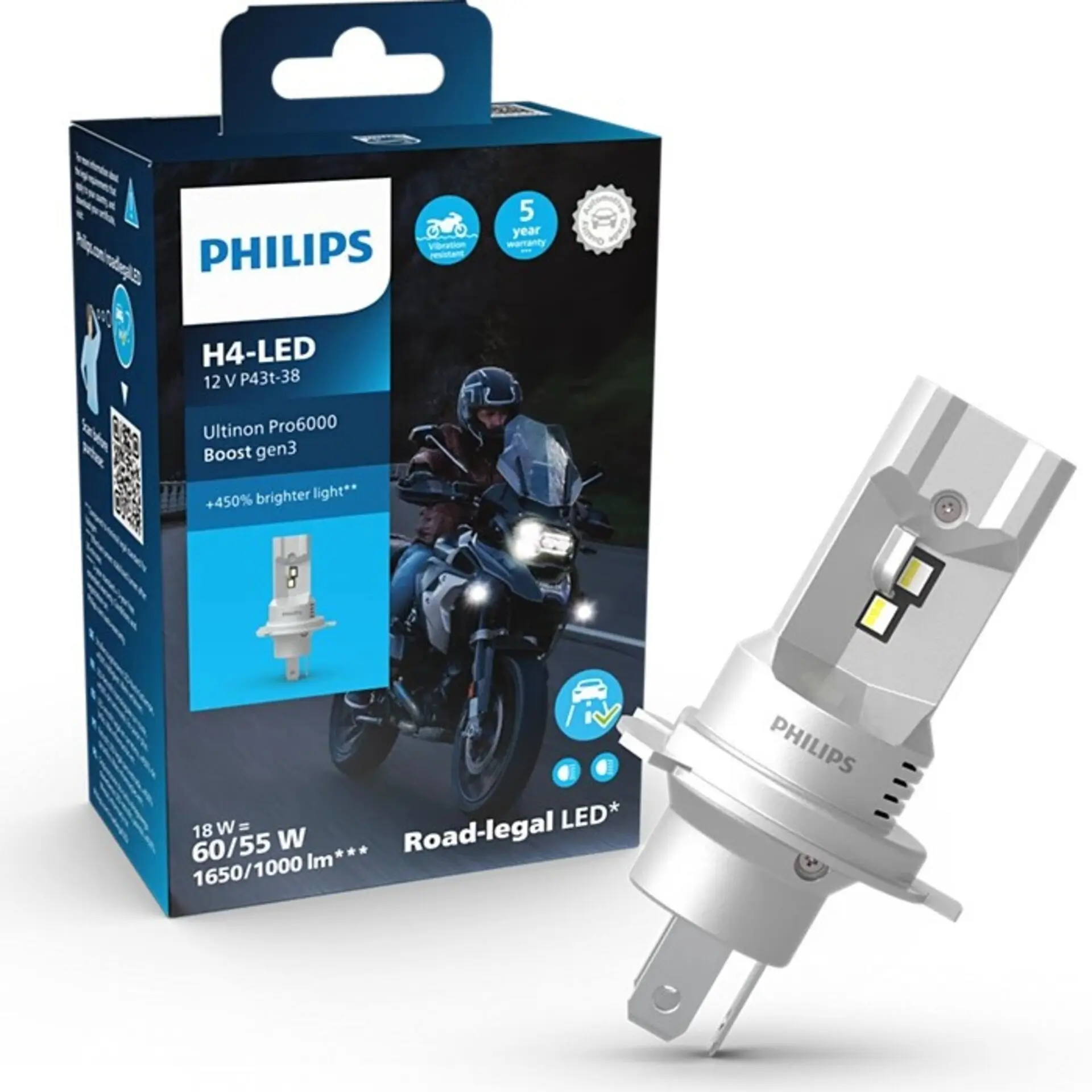 Philips LED H4 12V 18W Ultinon Pro6000 Boost Gen3 +450% Moto homologace 1ks 11342U60B3X1