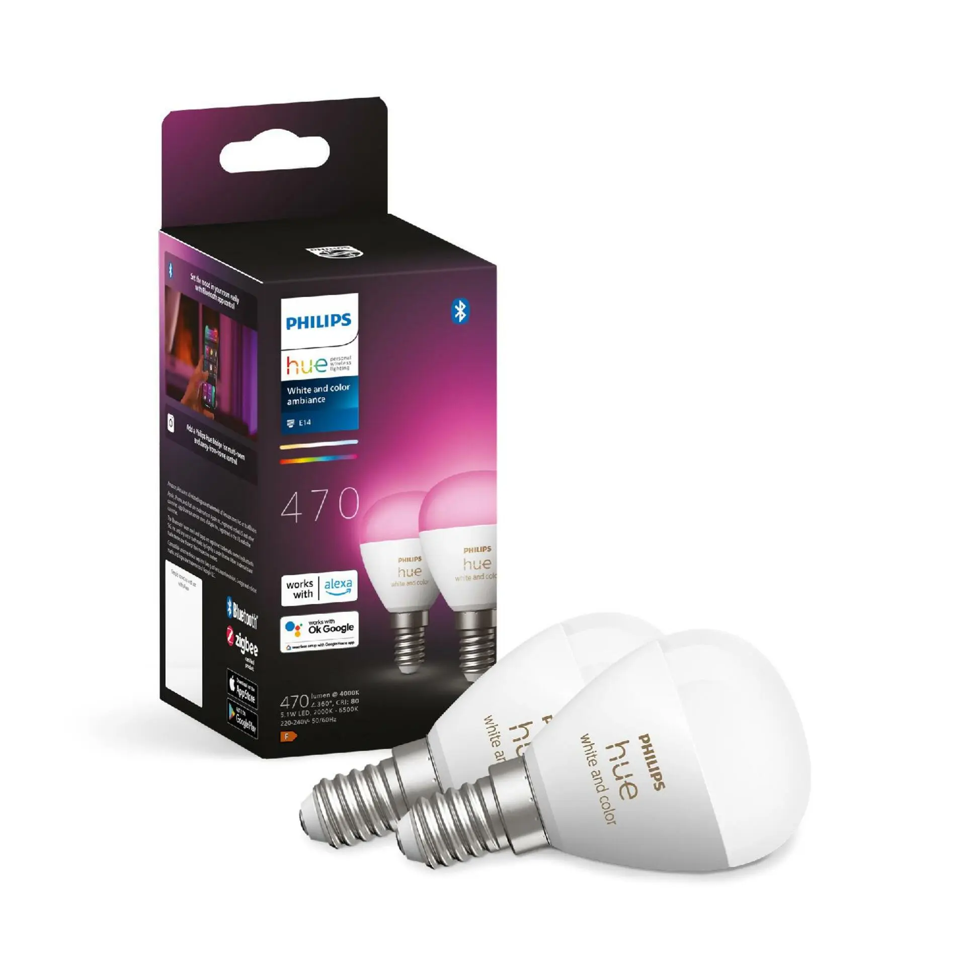 Philips Hue Smart žárovky - Chytrá LED žárovka E14, 5,1 W, stmívatelná, bílé i barevné světlo, 2 ks 929003573602