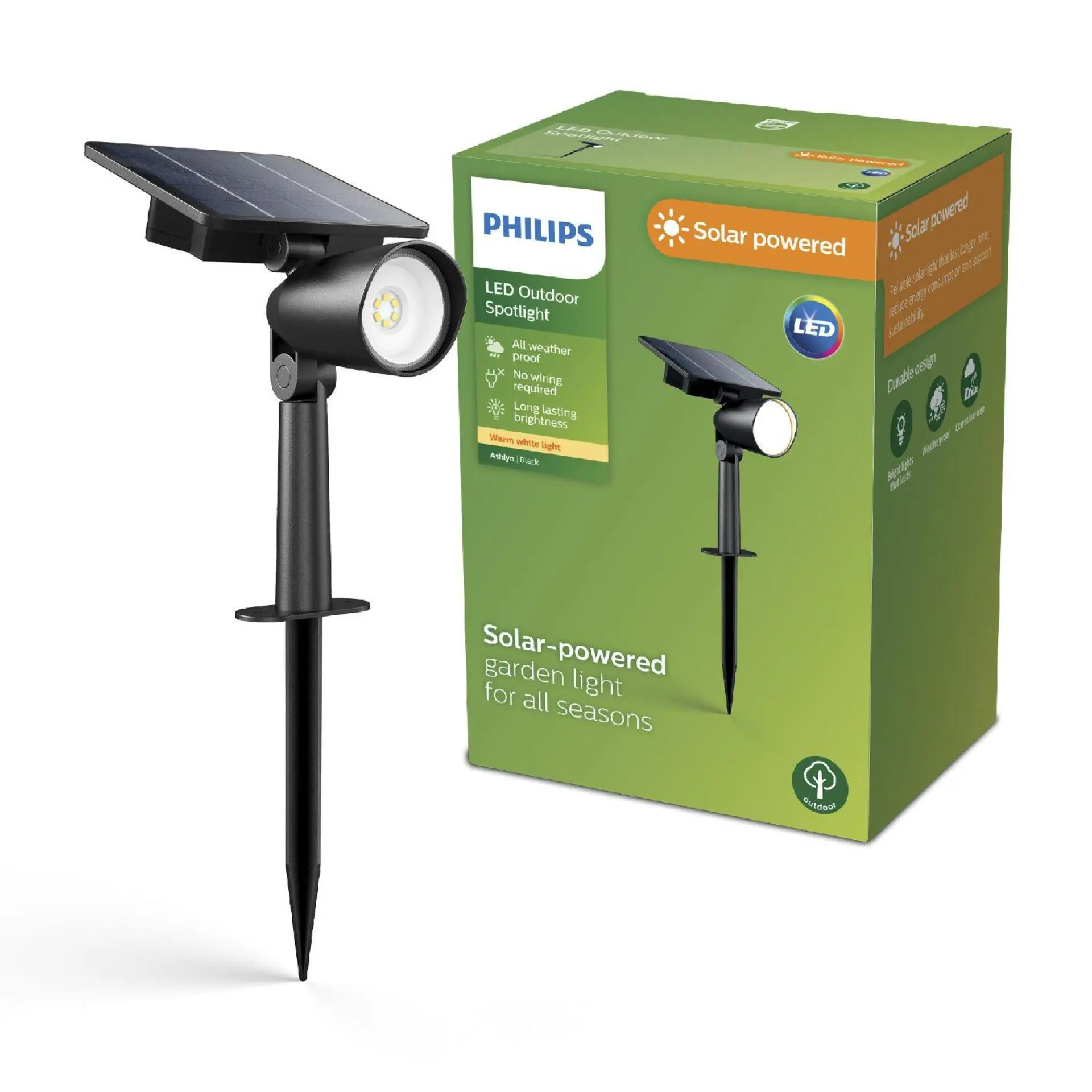 Philips Ashlyn UltraEfficient venkovní solární zemní LED reflektor 1,4W 150lm 2700K IP44, černý