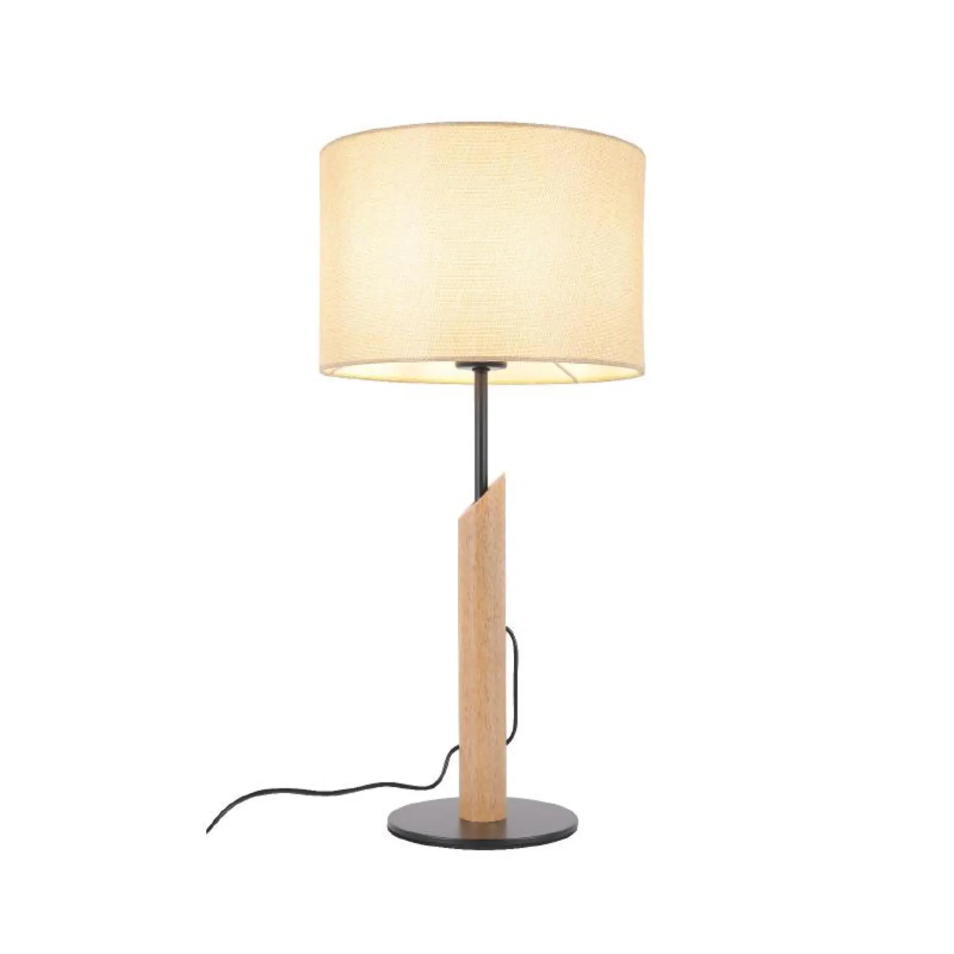 ACA Lighting stolní lampa CLIFF černý kov, dřevo a béžové textilní stínítko 1xE27 MT21585
