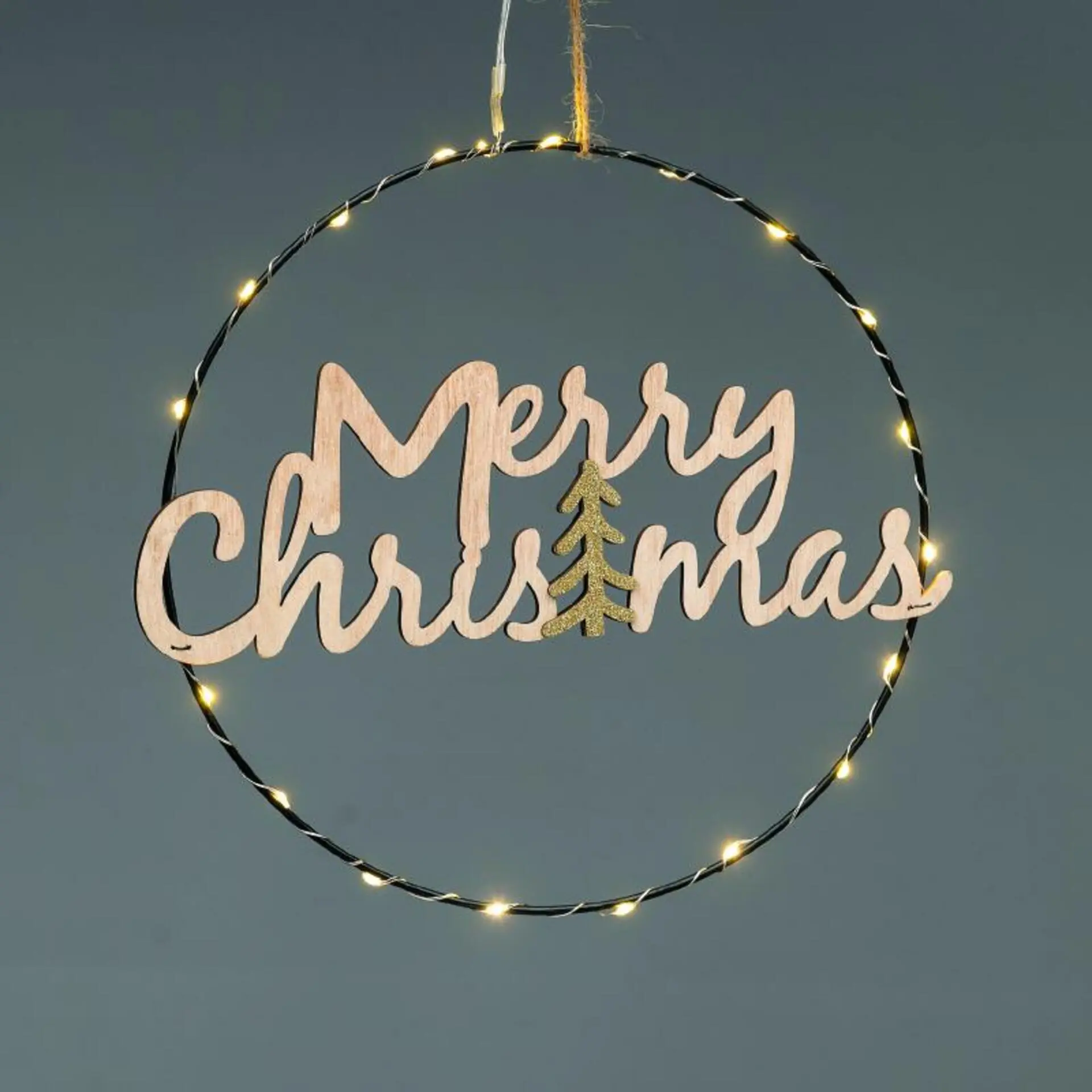 ACA Lighting Vánoční závěsná dekorace kruh MERRY CHRISTMAS 20 MINI LED teplá bílá na baterie 2xCR2032 (součástí) IP20 průměr 26cm napájecí kabel 30cm X062019260