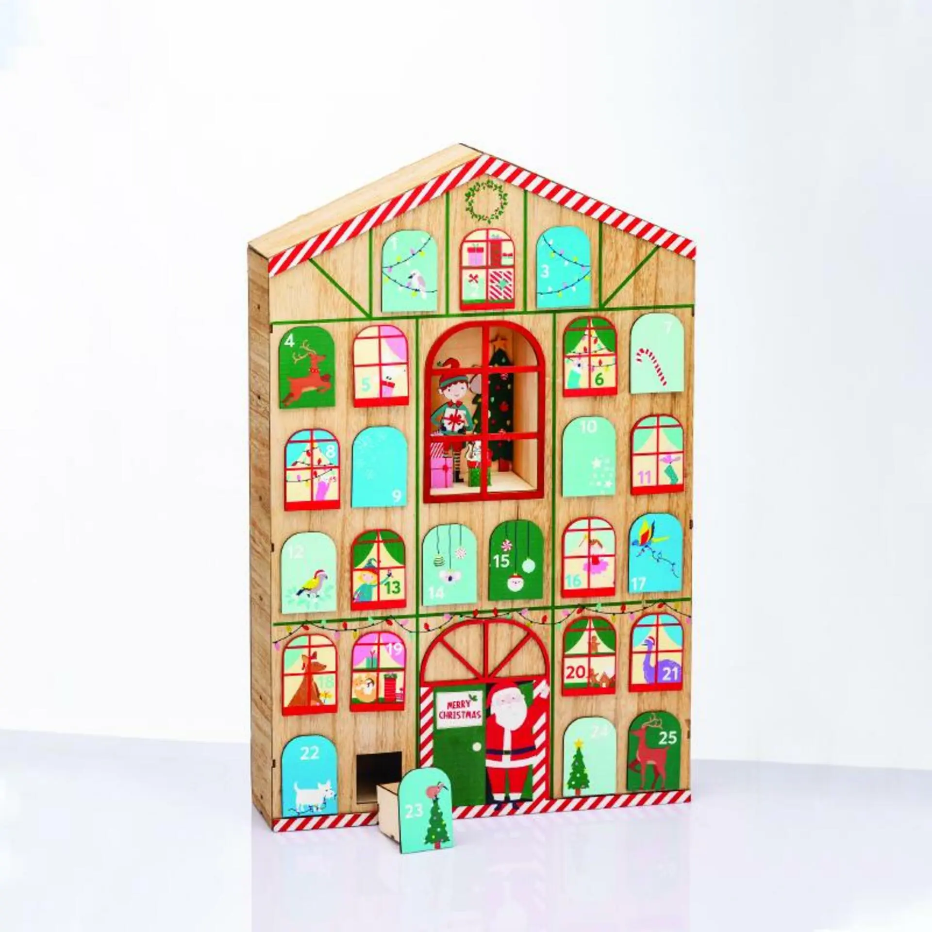 ACA Lighting Vánoční dřevená dekorace adventní kalendář ve tvaru domu s dvířky 39x8.5x60cm X156006