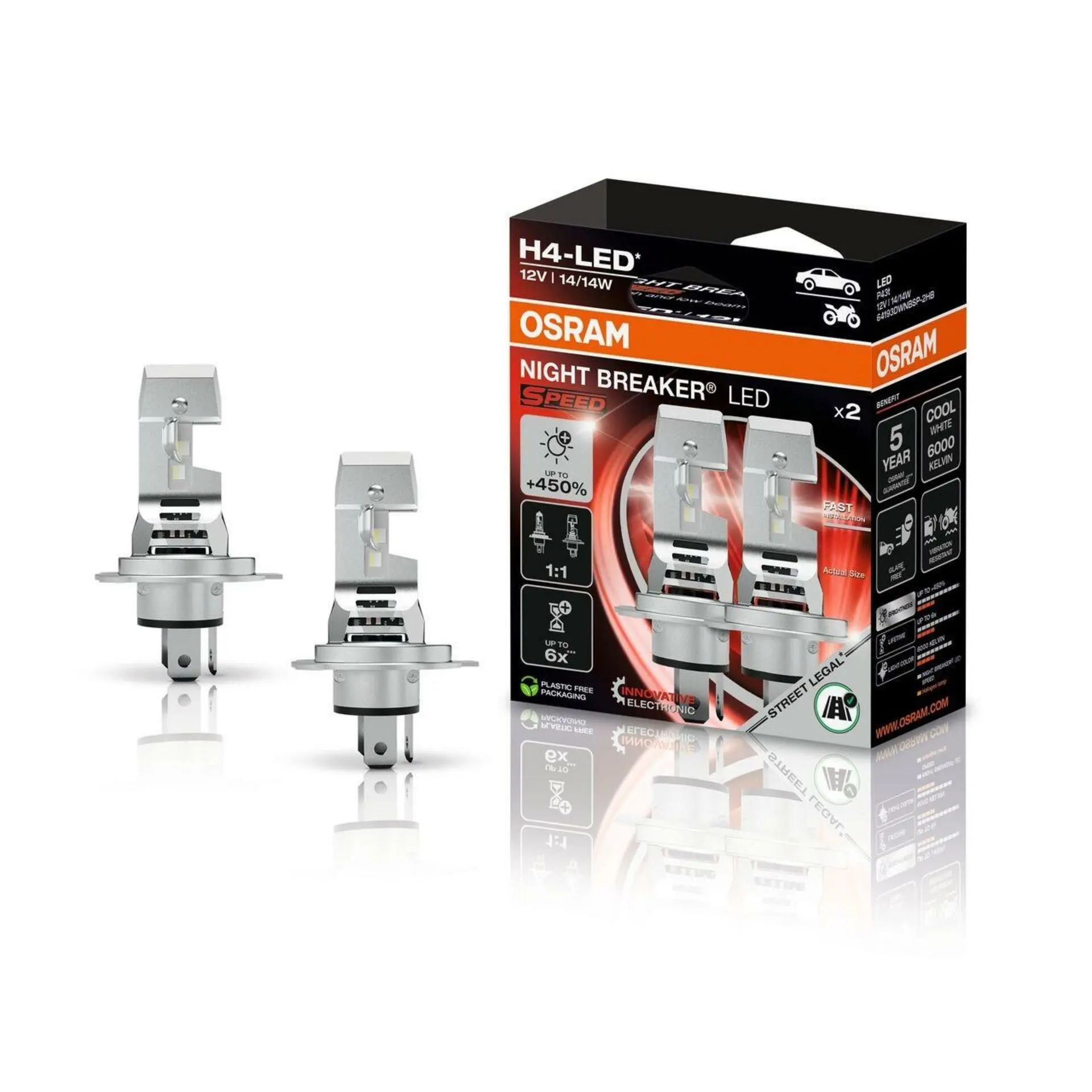 OSRAM H4 NIGHT BREAKER LED SPEED 450 homologace 2ks +450% 64193DWNBSP-2HB