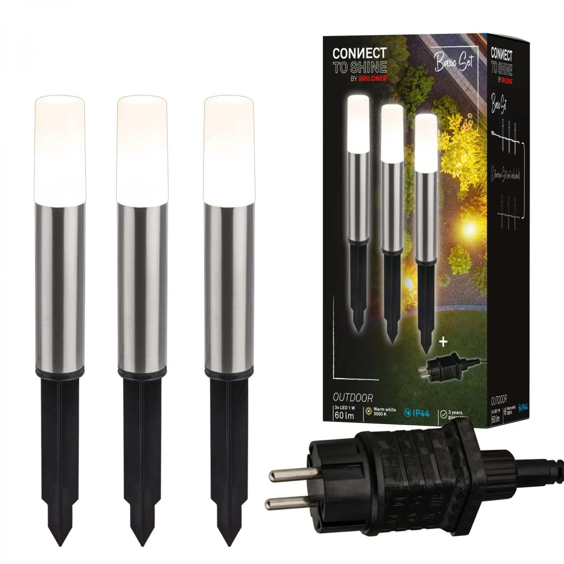 BRILONER Startovací sada Junca – CONNECT TO SHINE, 3ks svítidel pro osvětlení cesty, IP44, design nerez ocel 3925032