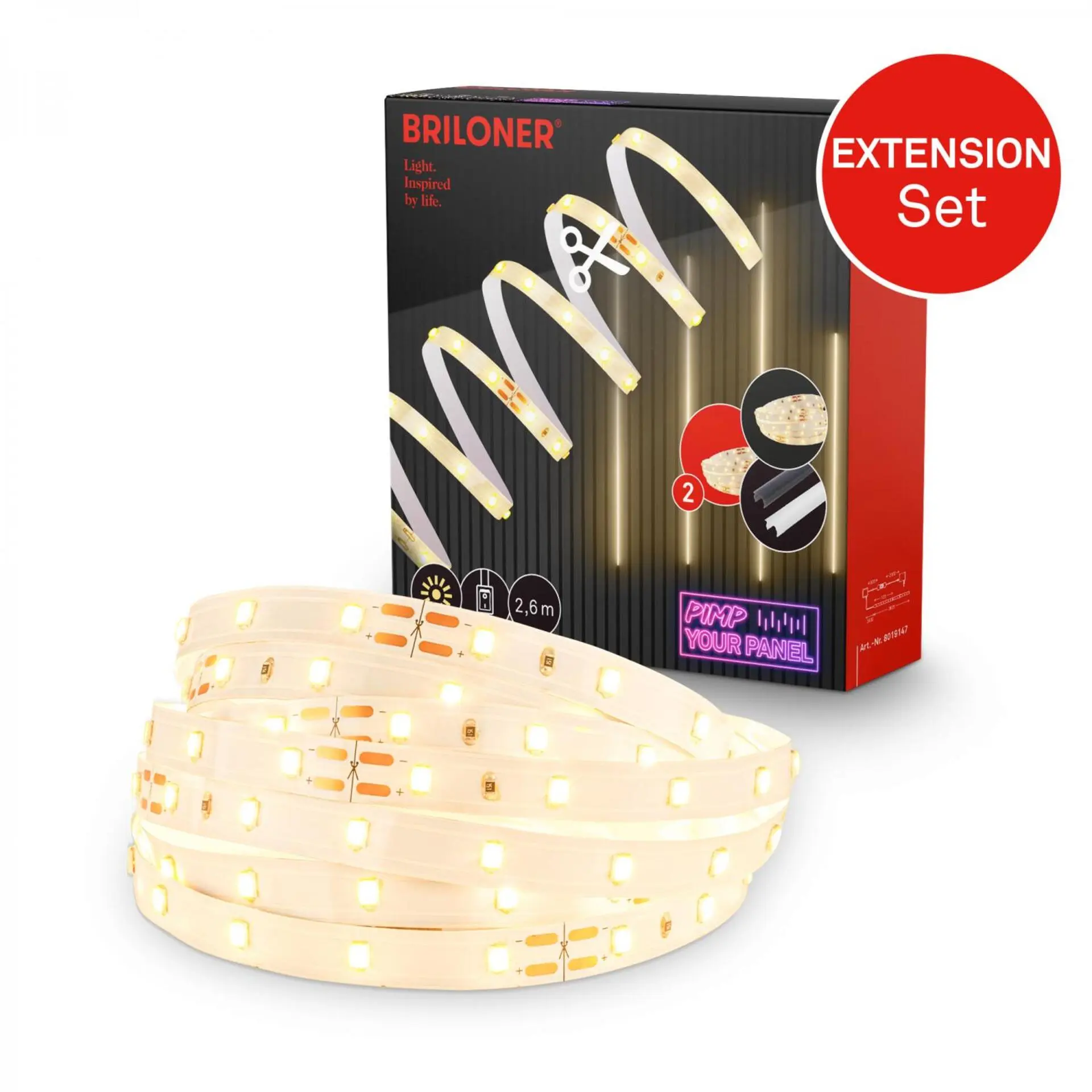 BRILONER Prodlužovací sada LED Strip On/Off pro nástěnný panel – 260 cm, teplá bílá, zkracovatelná, samolepící, bílé 8019147