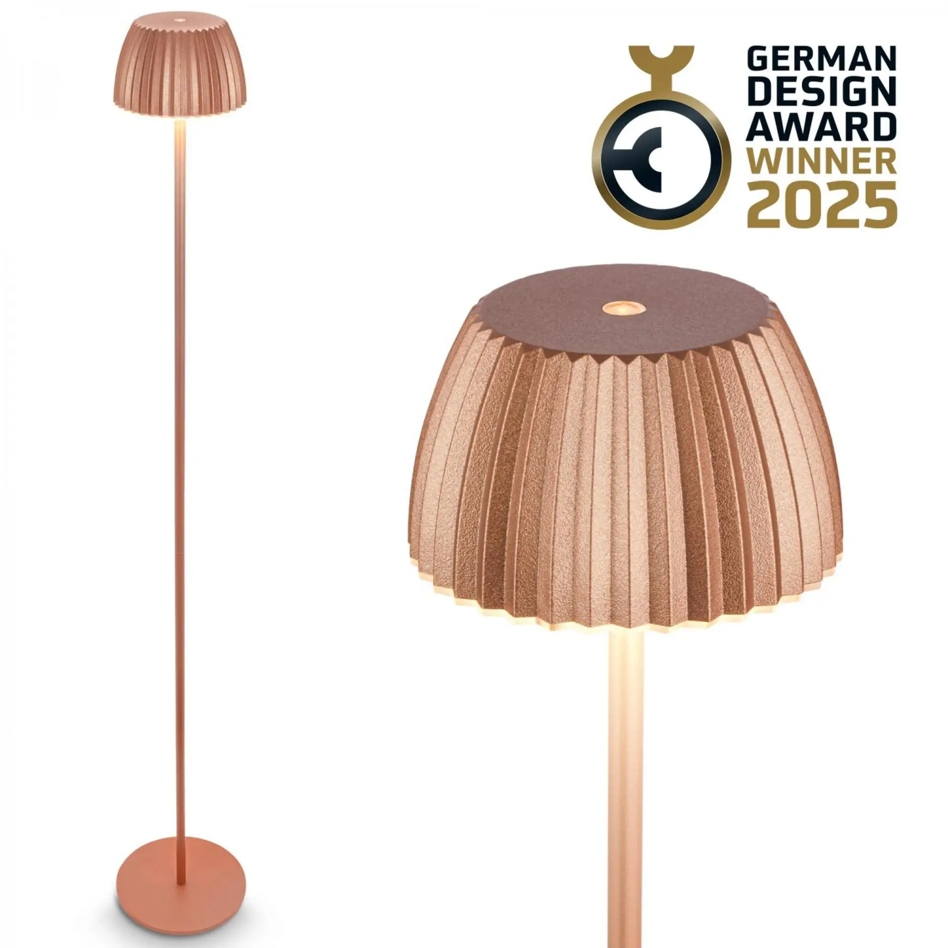 BRILO 1238013 nabíjecí stojanová lampa Riffle - 124 cm, 4,2W, 400lm, bezdrátová, LED, stmívatelná, dotykový vypínač, měď - BRILO