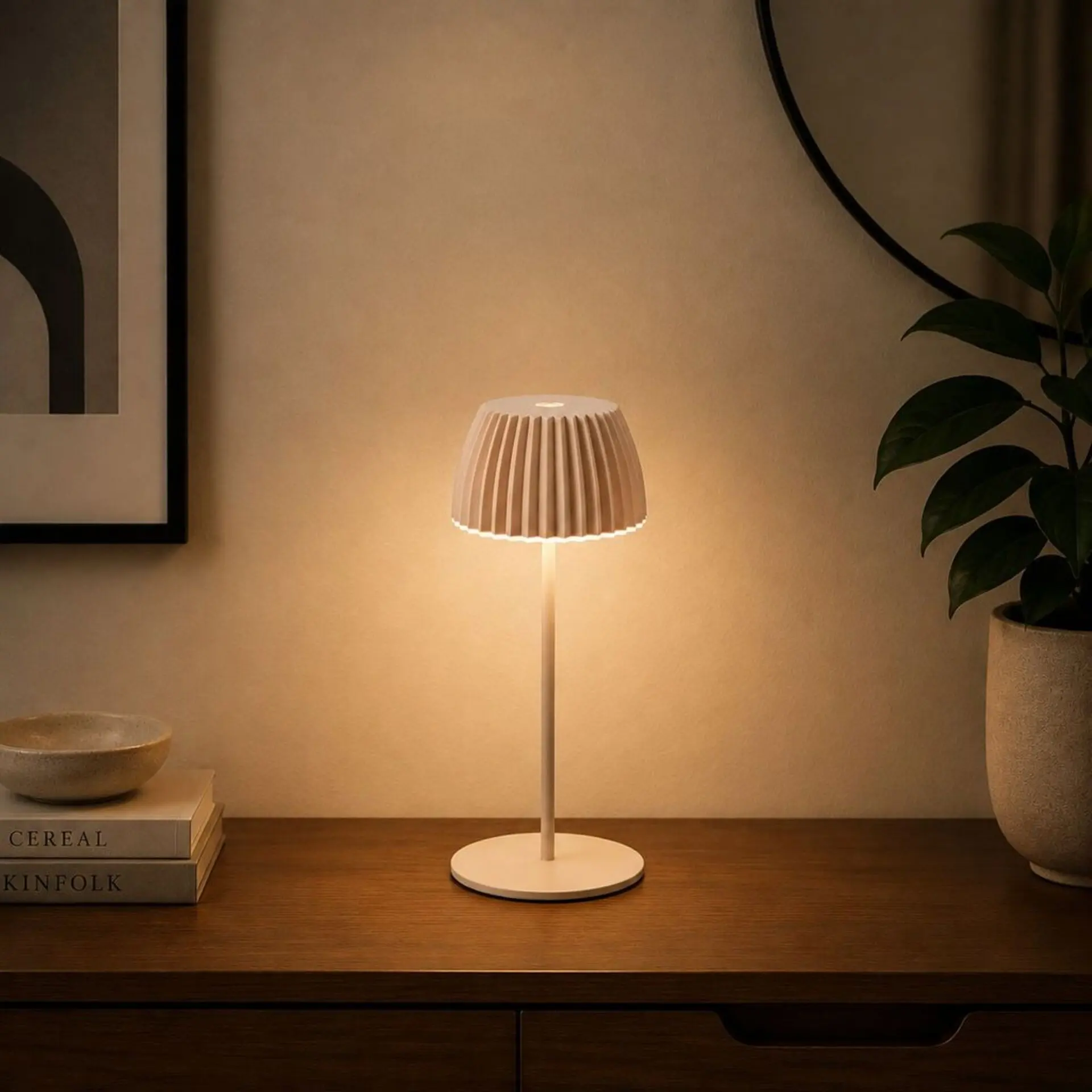 BRILO 7552011 Nabíjecí stolní lampa Riffle Mini - 20 cm, 1,5W, 150lm, bezdrátová, LED, stmívatelné, dotykový vypínač, béžová - BRILO