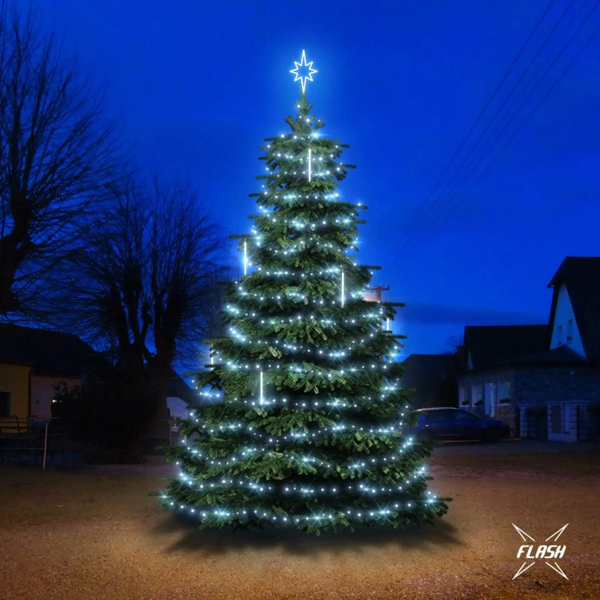 DecoLED LED světelná sada na stromy vysoké 6-8m, ledová bílá s Flash, s padajícím sněhem