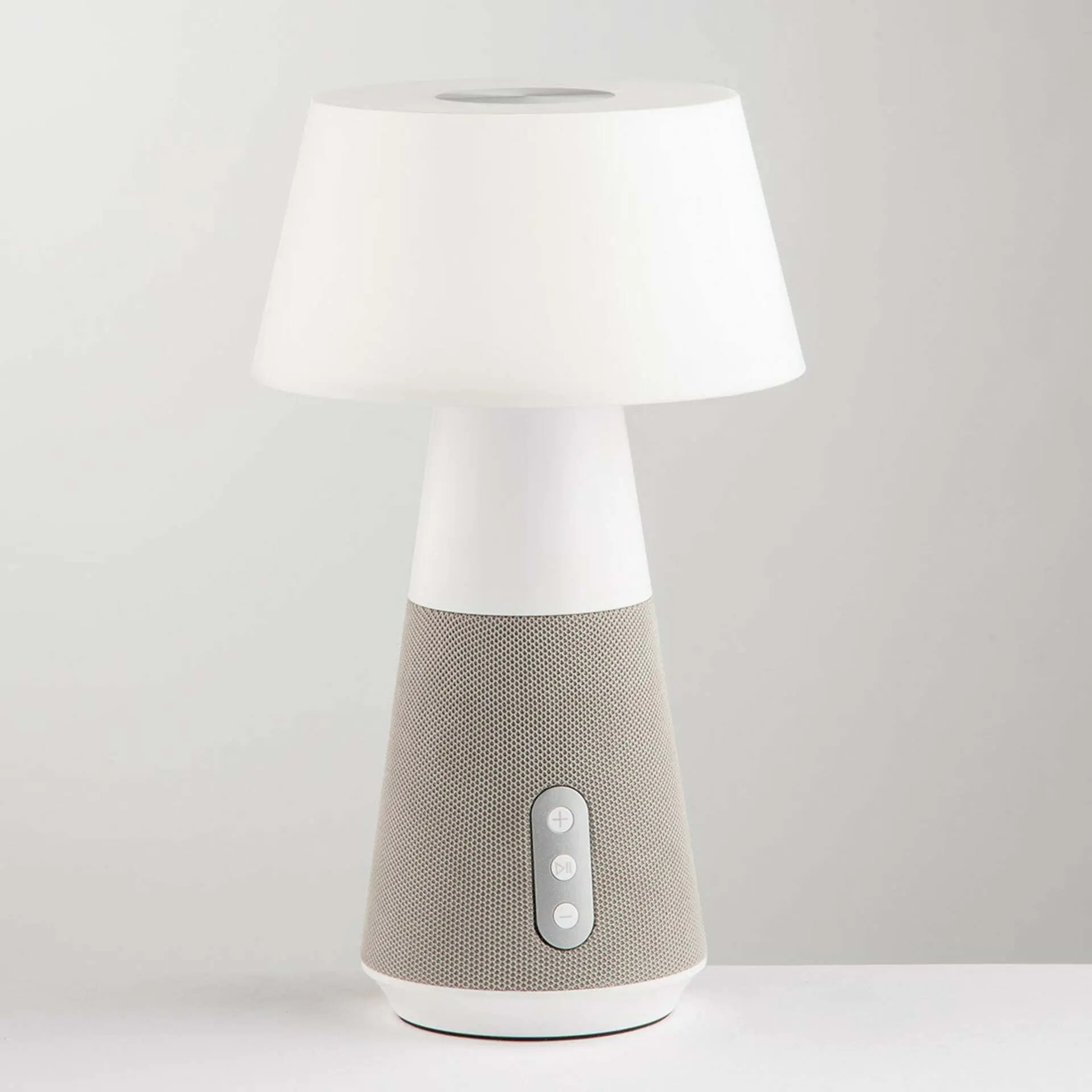 FANEUROPE FAN EUROPE Nabíjecí svítidlo LAMPADA dobíjecí LED DECIBEL šedá, 4,5 W 300 lm CCT stmívatelné s reproduktorem Bluetooth 17x 28 cm