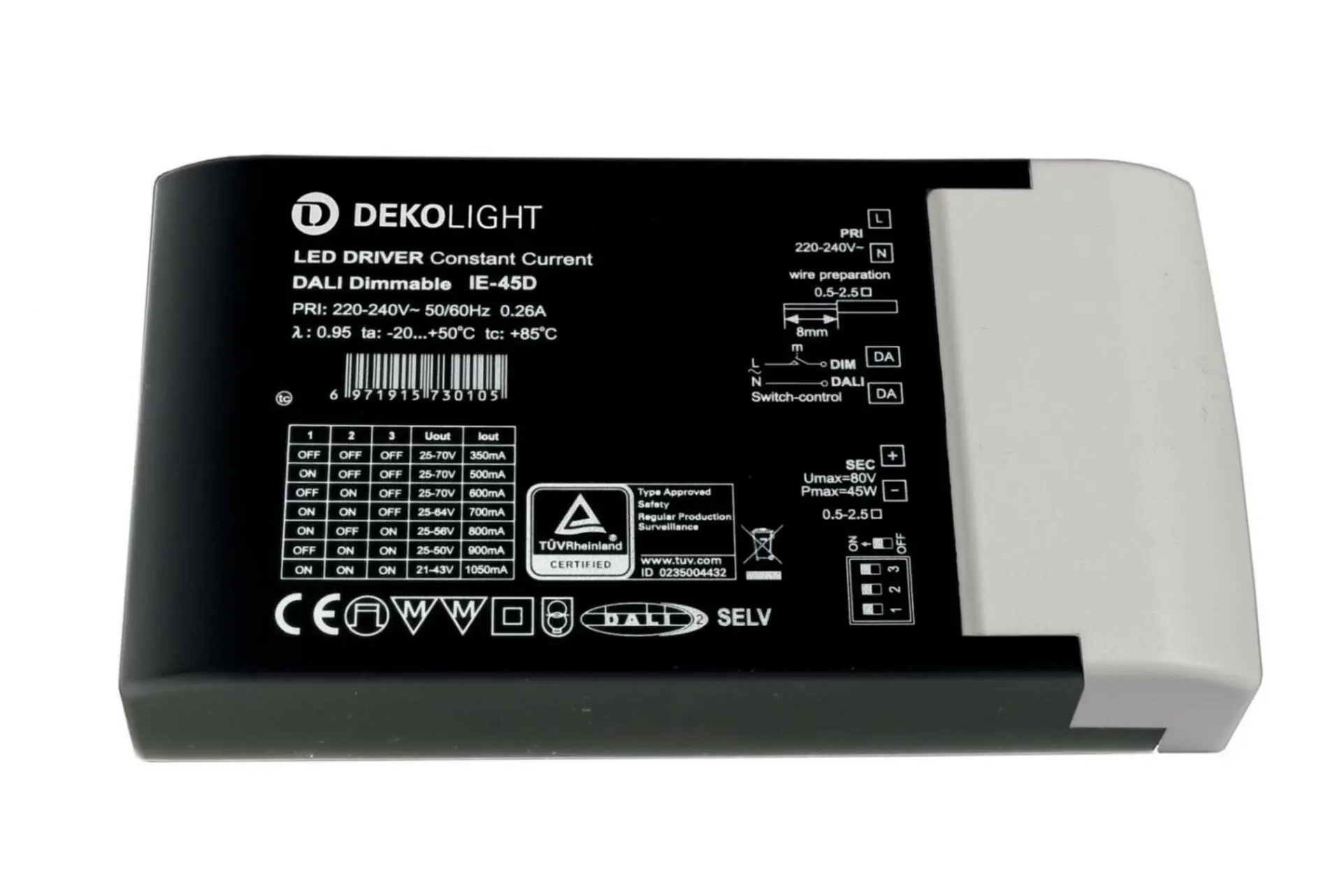 Deko-Light napájení BASIC, DIM, Multi CC, IE-45D konstantní proud 350/400/500/600/700/800/900/1000 mA IP20 stmívatelné 25-70V DC 8,75-45,00 W 862192