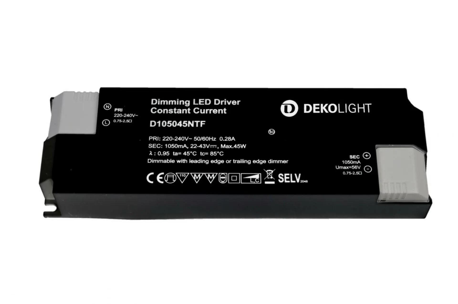 Deko-Light LED-napájení BASIC, DIM, CC, D105045NTF/45W konstantní proud 1050 mA IP20 stmívatelné 22-43V DC 23,50-45,00 W 862210