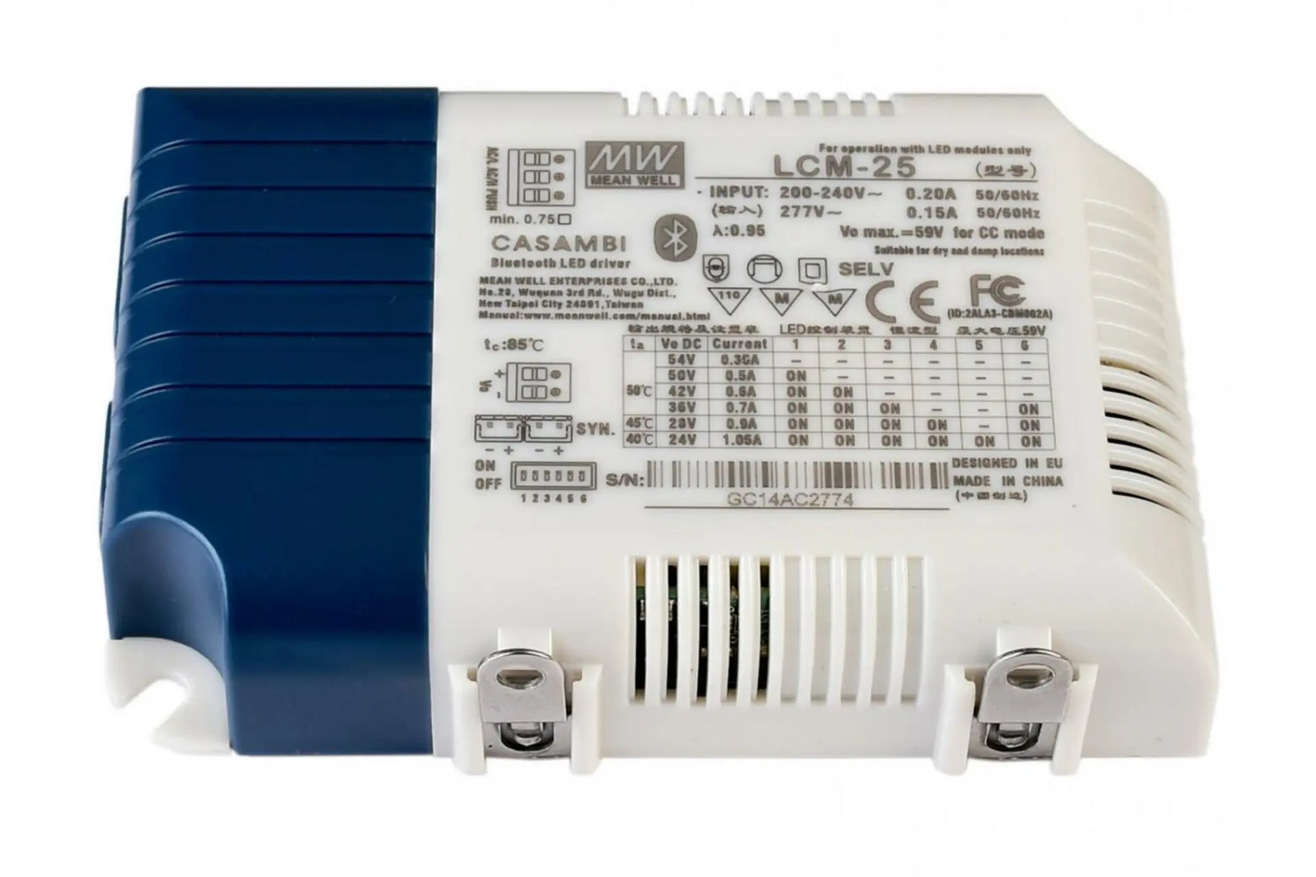 DEKO-LIGHT Meanwell LED-napájení DIM, Multi CC, LCM-25BLE / Casambi + Push konstantní proud 350/500/600/700/900/1050 mA IP20 stmívatelné 6-54V DC 18,90-25,20 W 862243