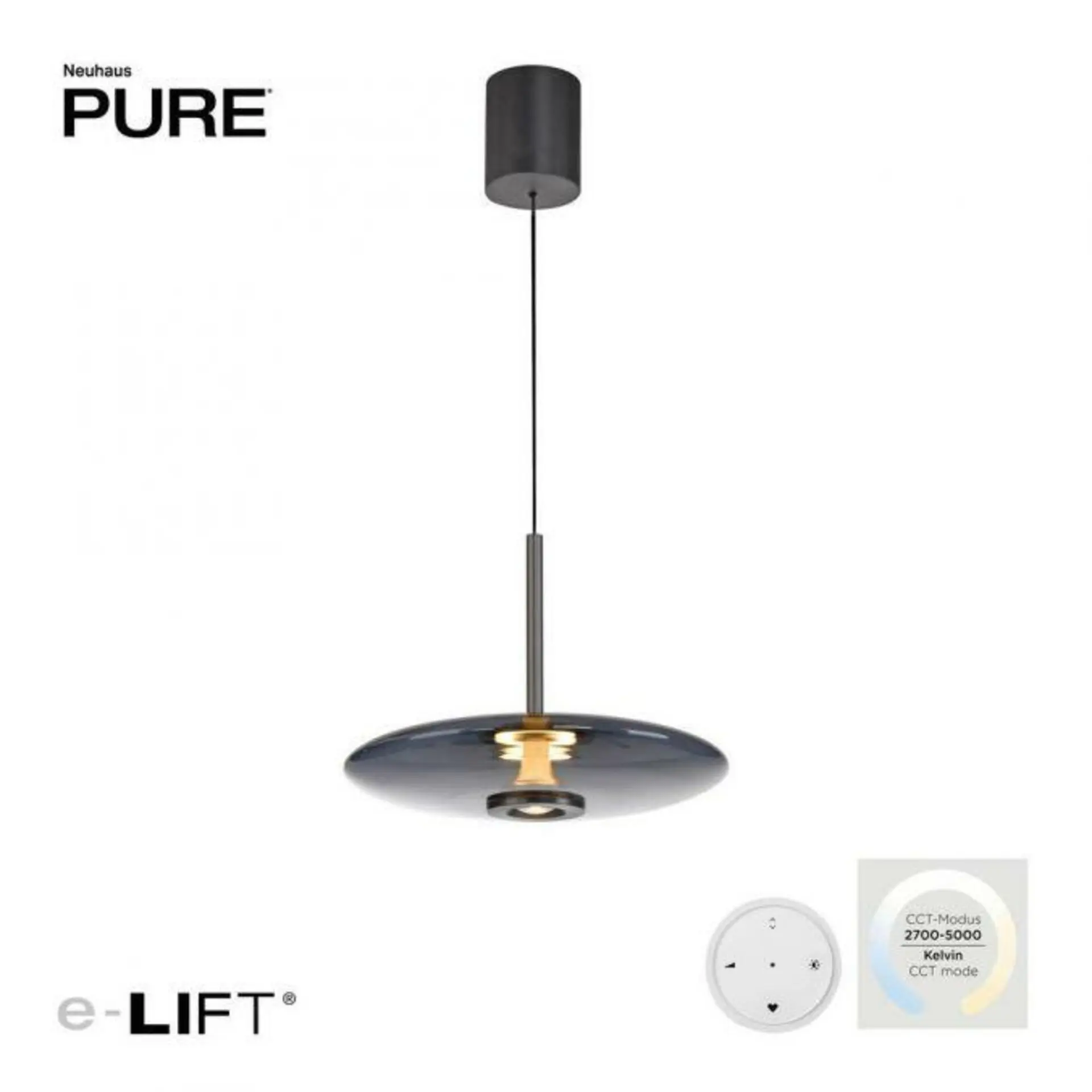 PAUL NEUHAUS Závěsné svítidlo PURE E-Vitrum LED 8W 2700-5700K + LED 10W 2700-5700K platina / kouřová 2084-15