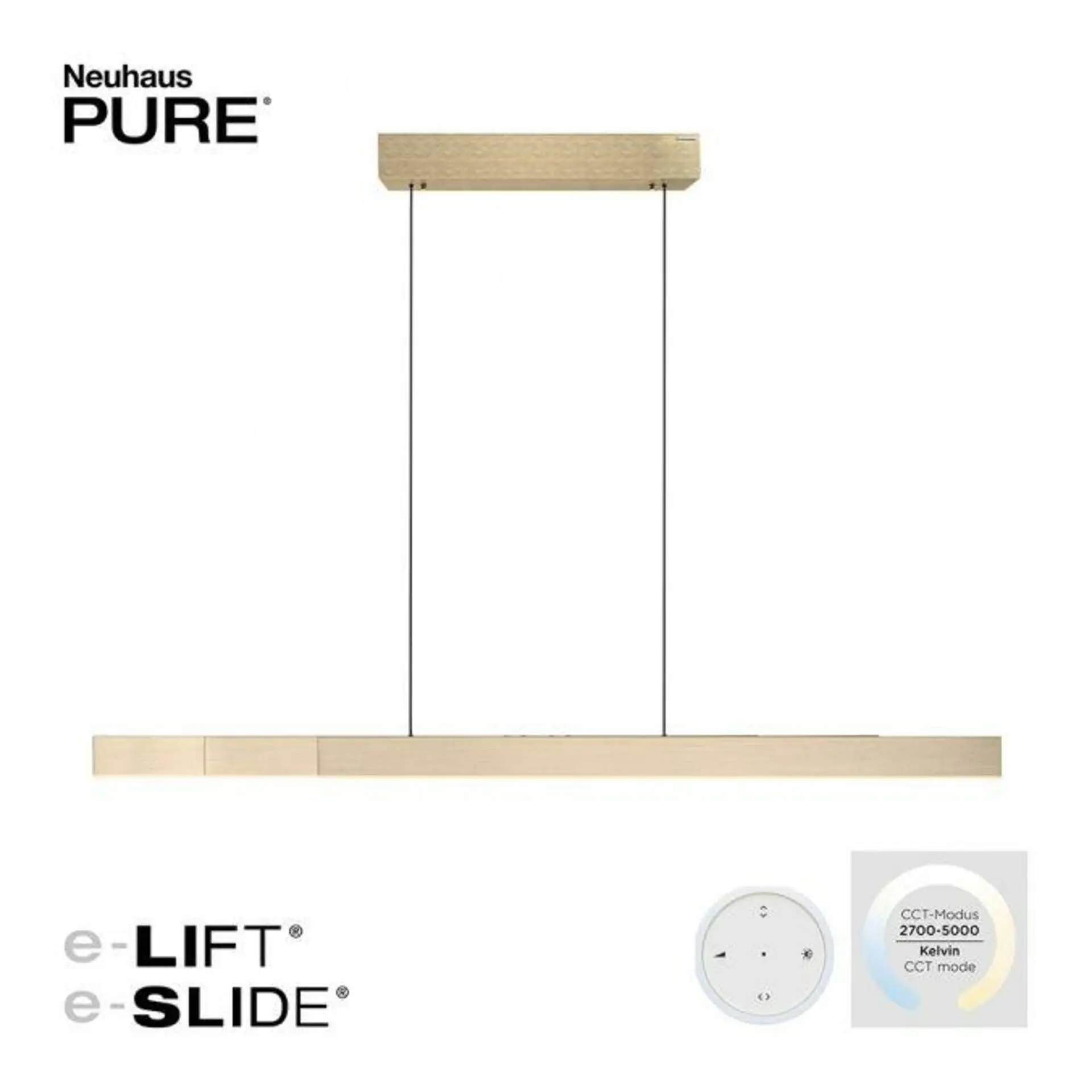 PAUL NEUHAUS LED závěsné svítidlo PURE-MOTO-RISE elektricky nastavitelná výška dotykový vypínač 2700-5000K zlatá imperial 2545-60
