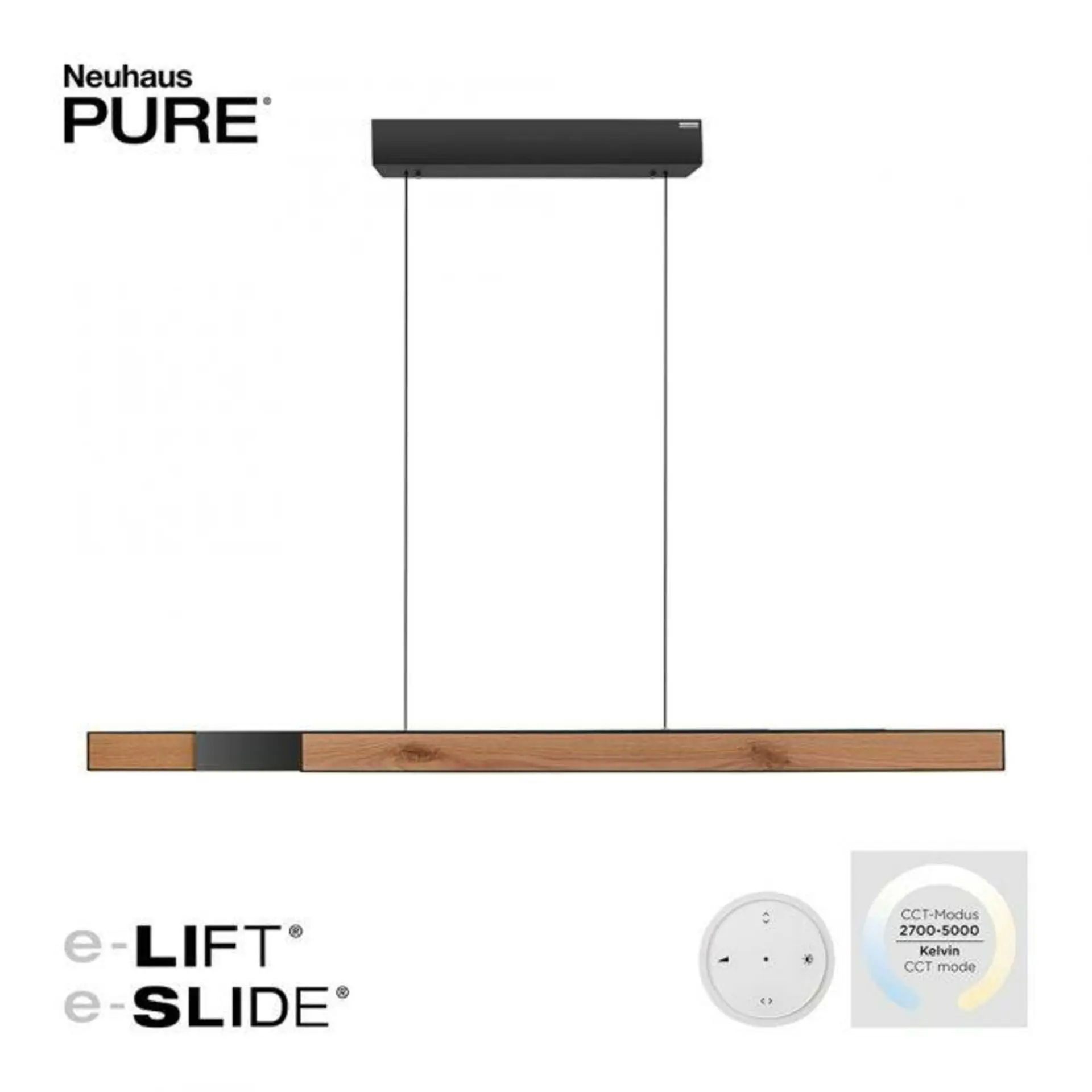 PAUL NEUHAUS LED závěsné svítidlo PURE-MOTO-RISE elektricky nastavitelná výška + šířka / dotykové 2700-5000K dub/černá perleť 2545-79