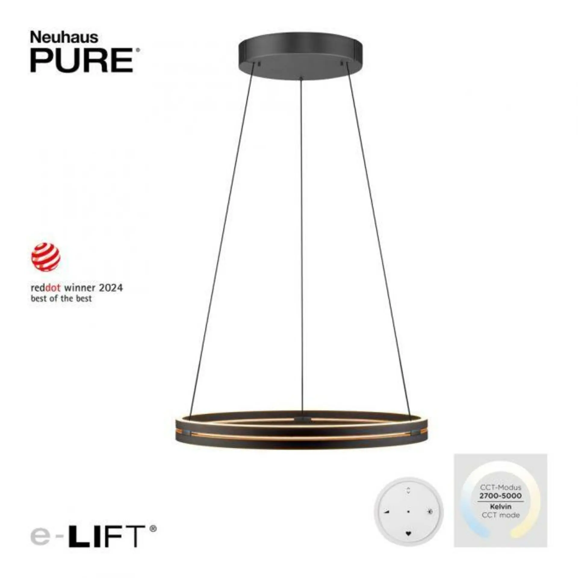 PAUL NEUHAUS LED závěsné svítidlo PURE E-Loop elektrické 2700-5000K dub/černá perleť 2551-18