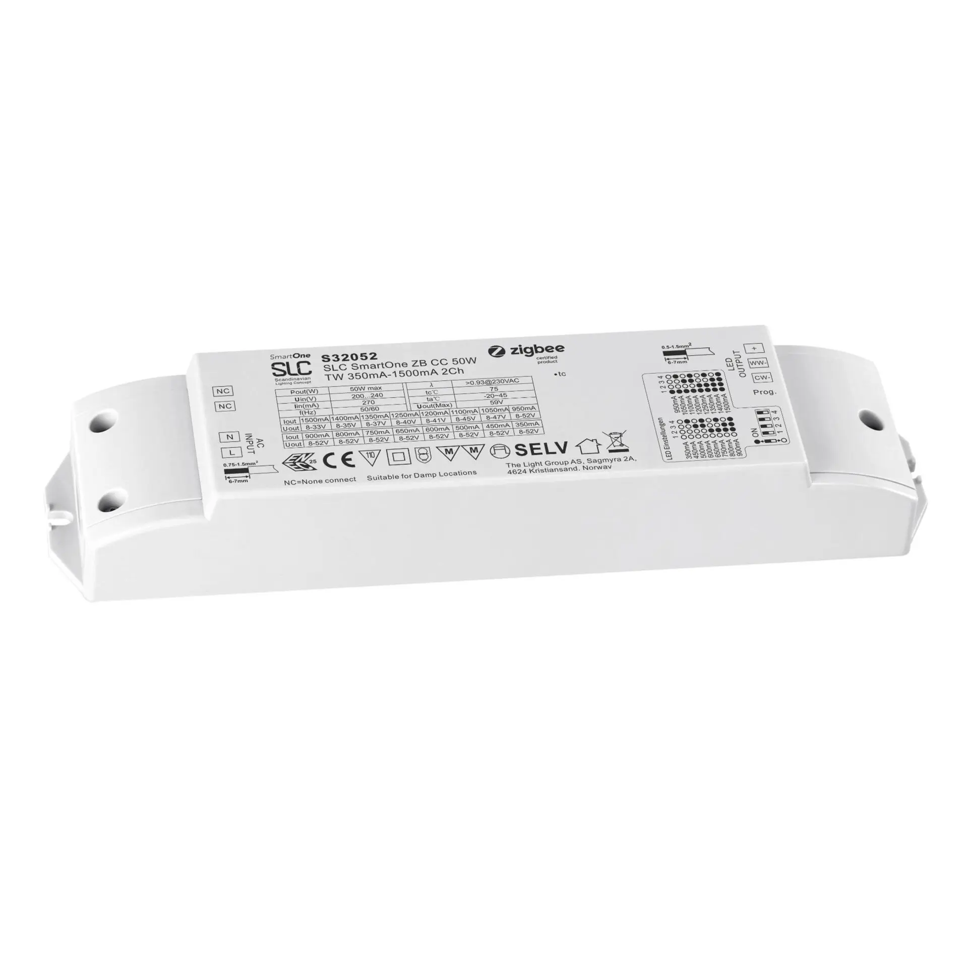 SLC SmartOne Driver CC 2CH 350-1500mA TW 50W Zigbee/PushDim IP20