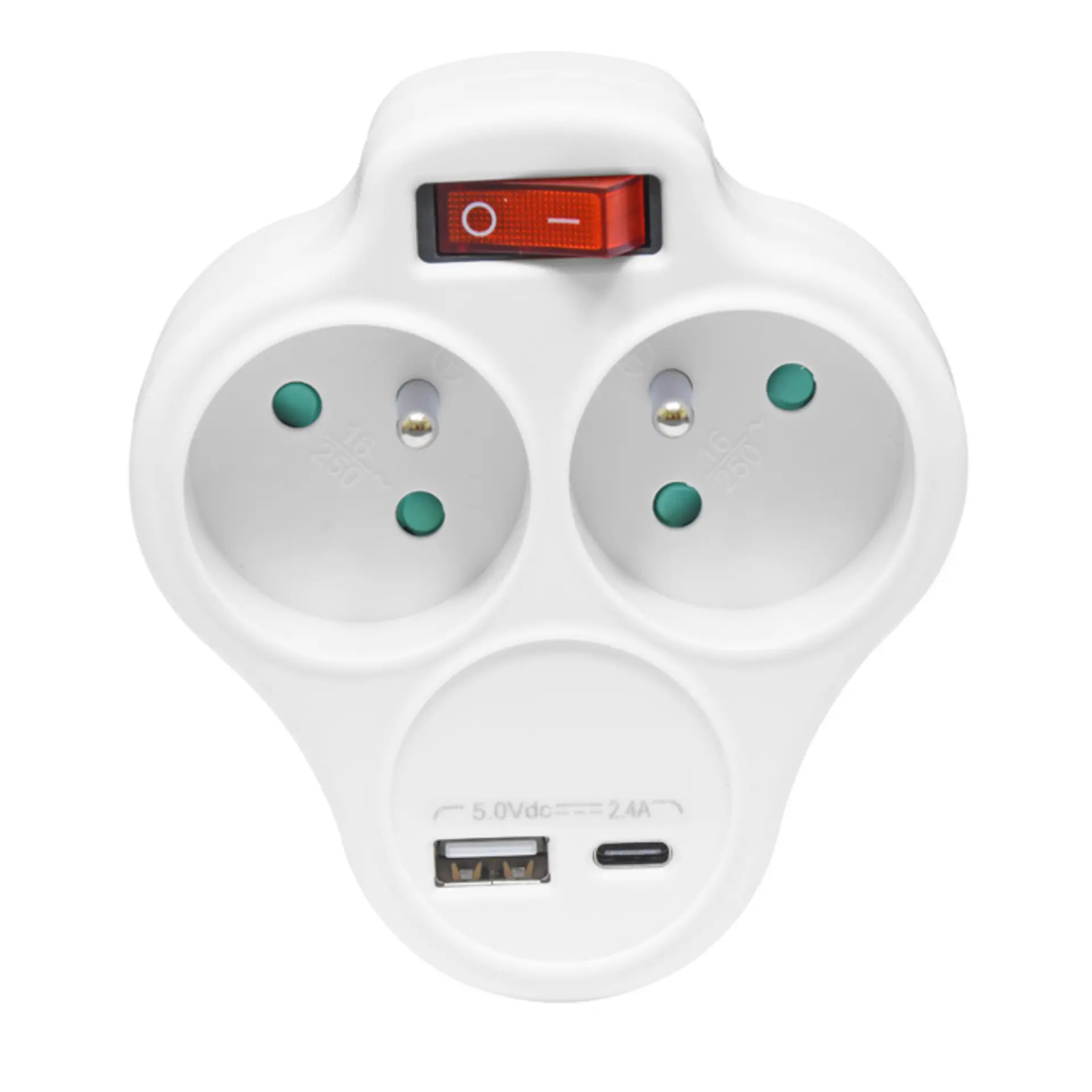 Ecolite 2-zásuvková V rozbočka 1xUSB 1xUSB-C 5V/2,4A vypínač XQFZBK-01/3