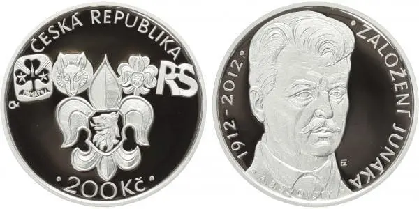 ČR – 200 Kč Stříbrná mince 2012 100. VÝROČÍ ZALOŽENÍ JUNÁKA 13g Ag 925  PROOF  Etue & Certifikát