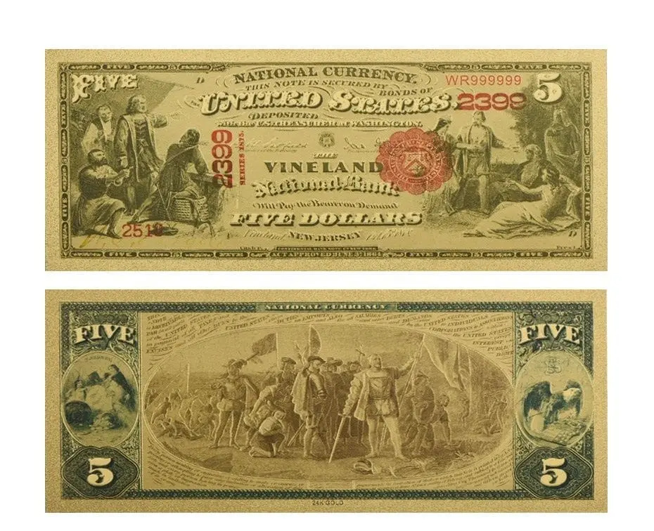 1875 US 5 dolarová pozlacená bankovka