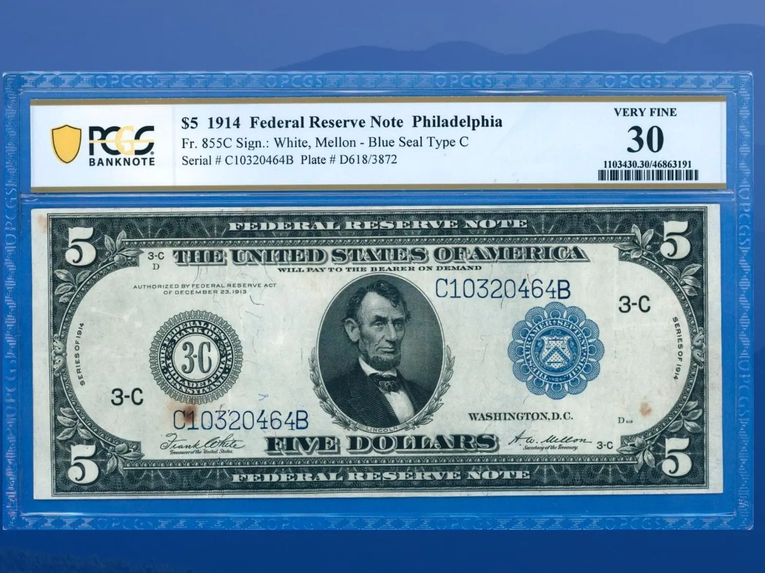 1914 $5 dolarová bankovka Federální rezervy Philadelphia, PCGS 30