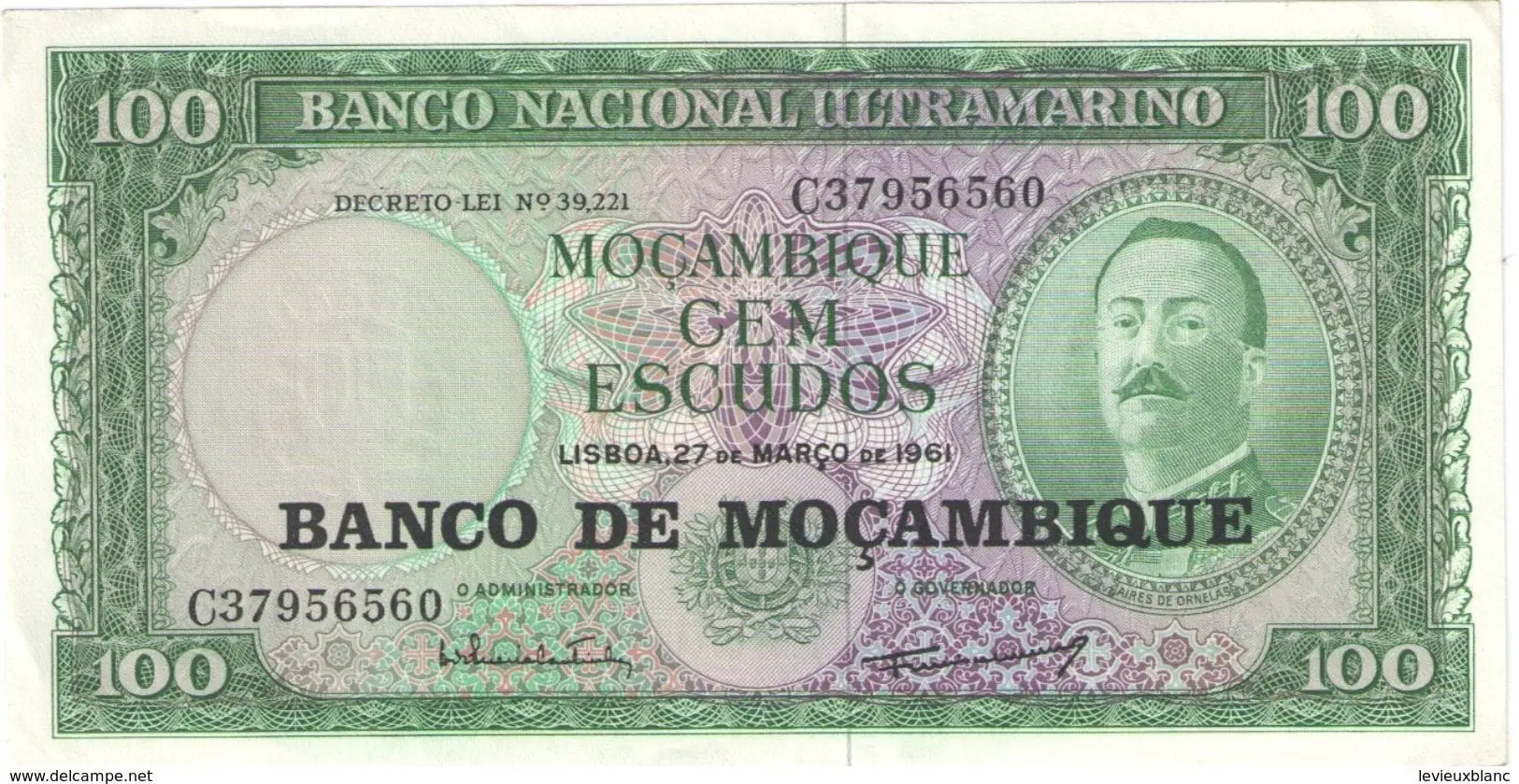 100 Bank Note Banco De Mocambique Cem Escudos 1961 Nacional Ultramarino