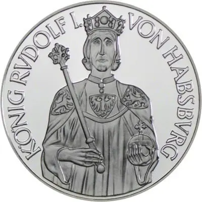 Rakousko – stříbrná mince 100 Šilinků 1991 Rudolf I. Habsburský Ag 900 Etuje a stuha