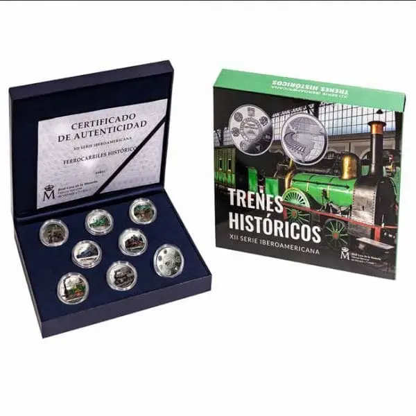Španělsko – Sada 9 ks Stříbrné mince 2020 HISTORICKÉ VLAKY (Trenes Históricos) 108g Ag 925 PROOF Královská mincovna