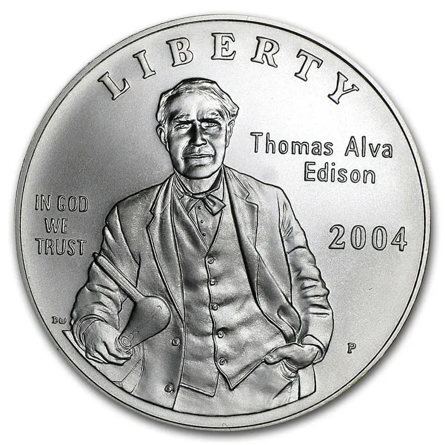 Stříbrný dolar Thomas Edison 2004-P 125 let žárovky USA Commemorative BU (Box & COA)
