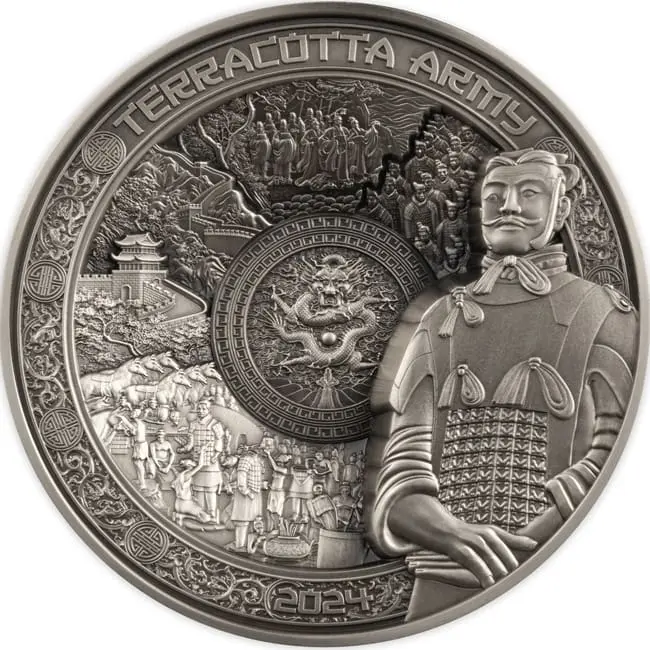 Stříbrná mince Terakotová armáda – 1 kg ryzího stříbra, 25 NZD, Samoa 2024