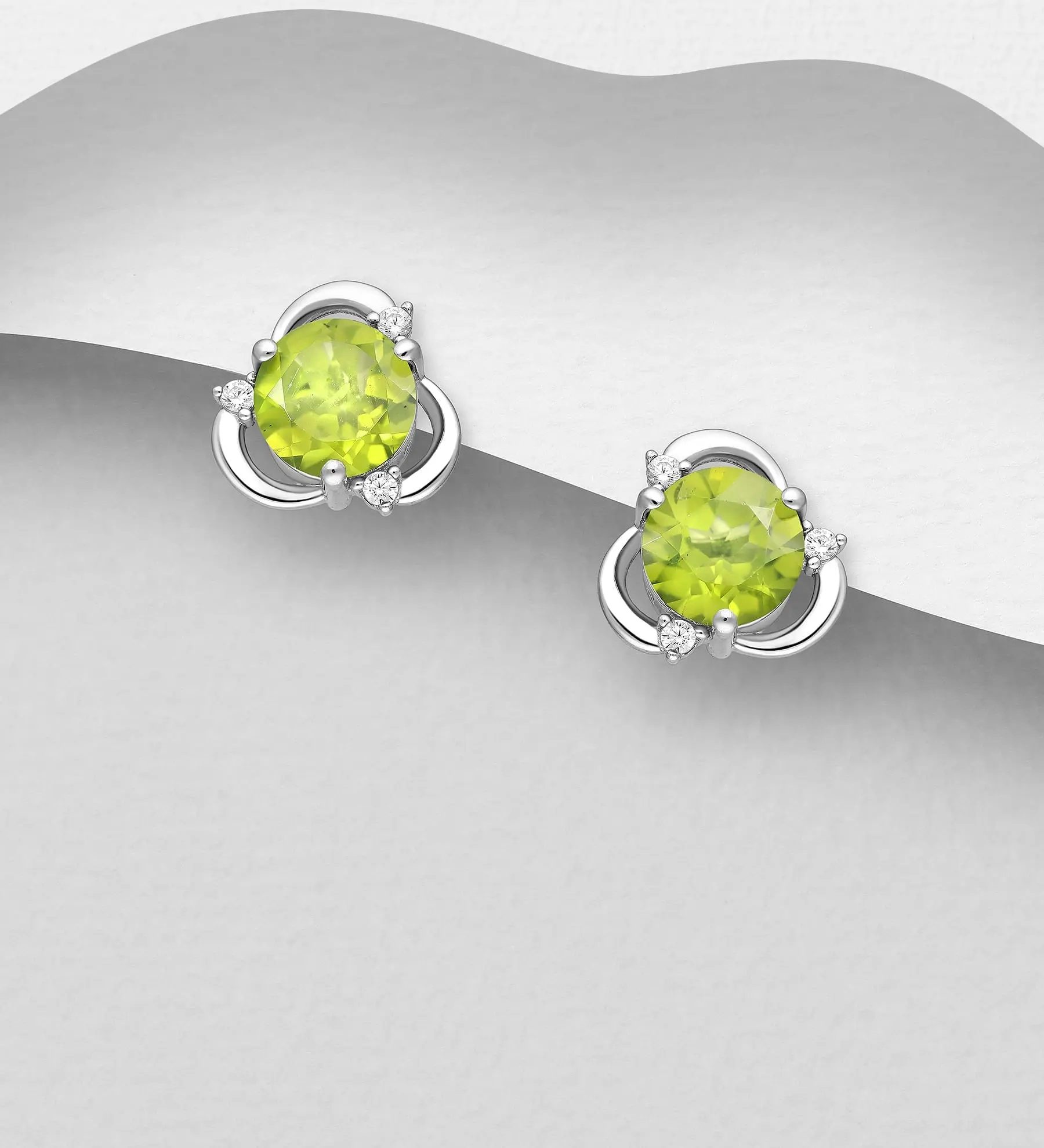 Stříbrné 925 náušnice Push-Back, zdobené Peridoty a CZ simulovanými diamanty