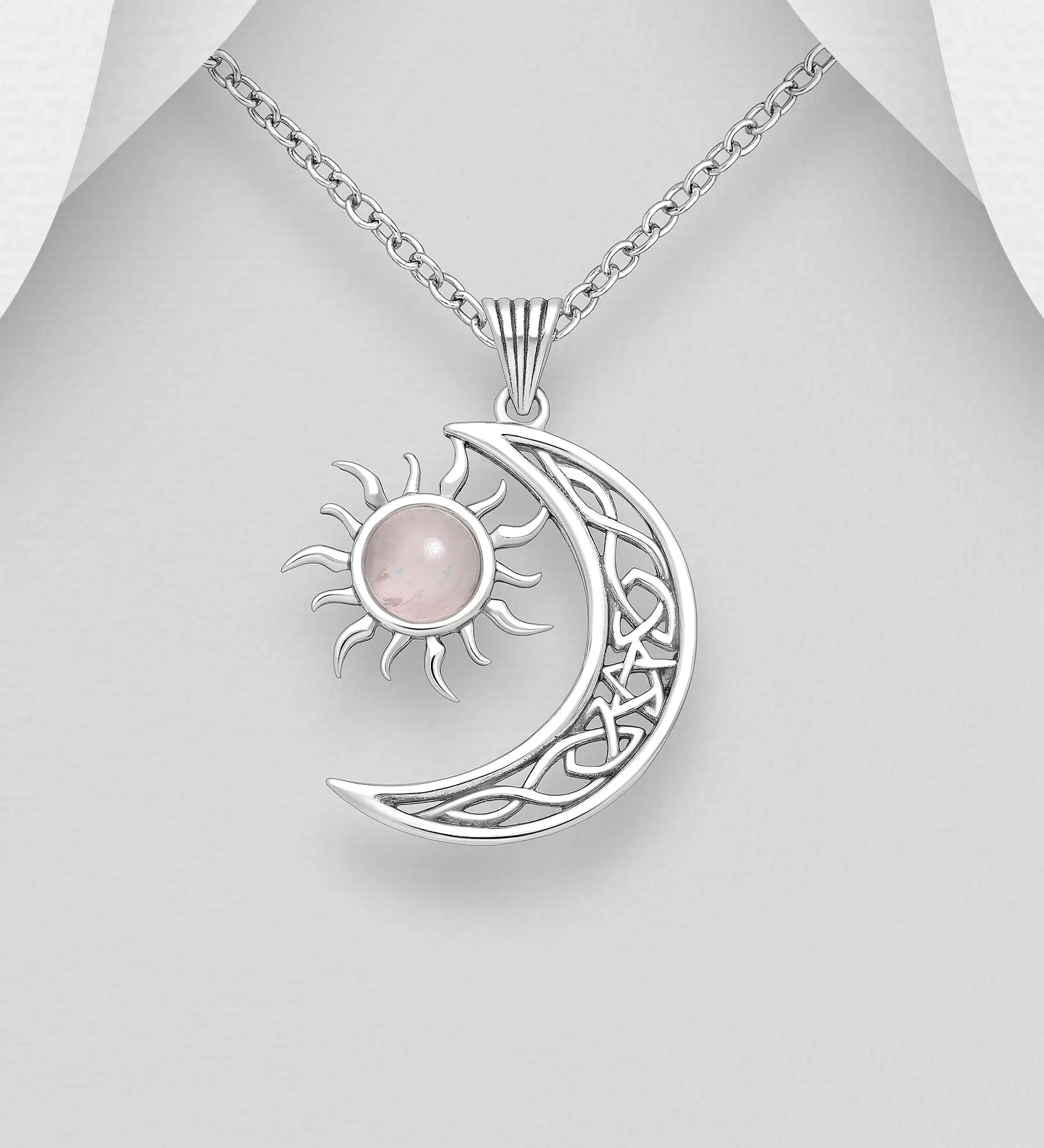 Přívěsek měsíc a slunce z oxidovaného stříbra 925, zdobený Rose Quartz