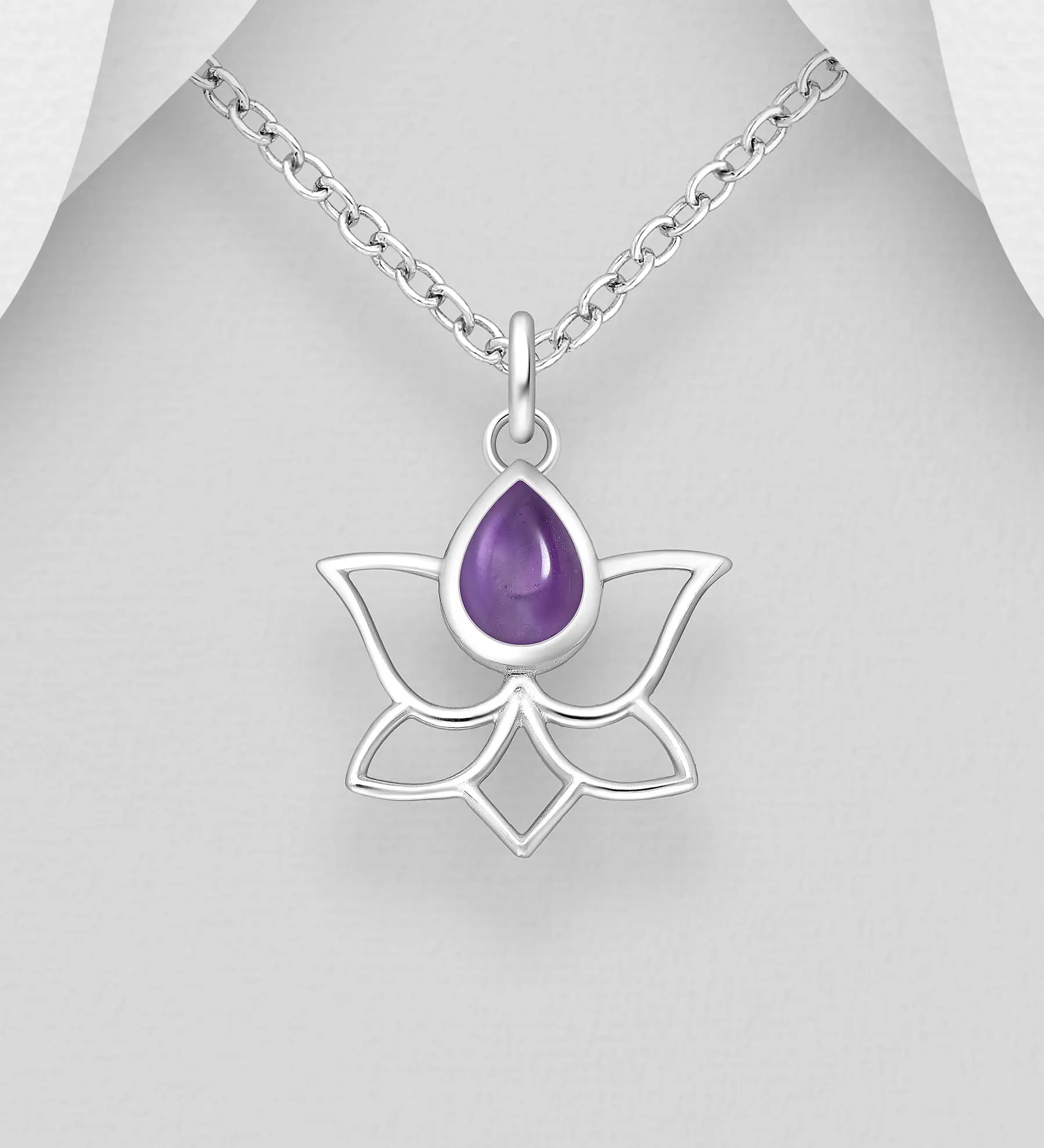 Přívěšek lotus ze stříbra 925, zdobený Ametystem