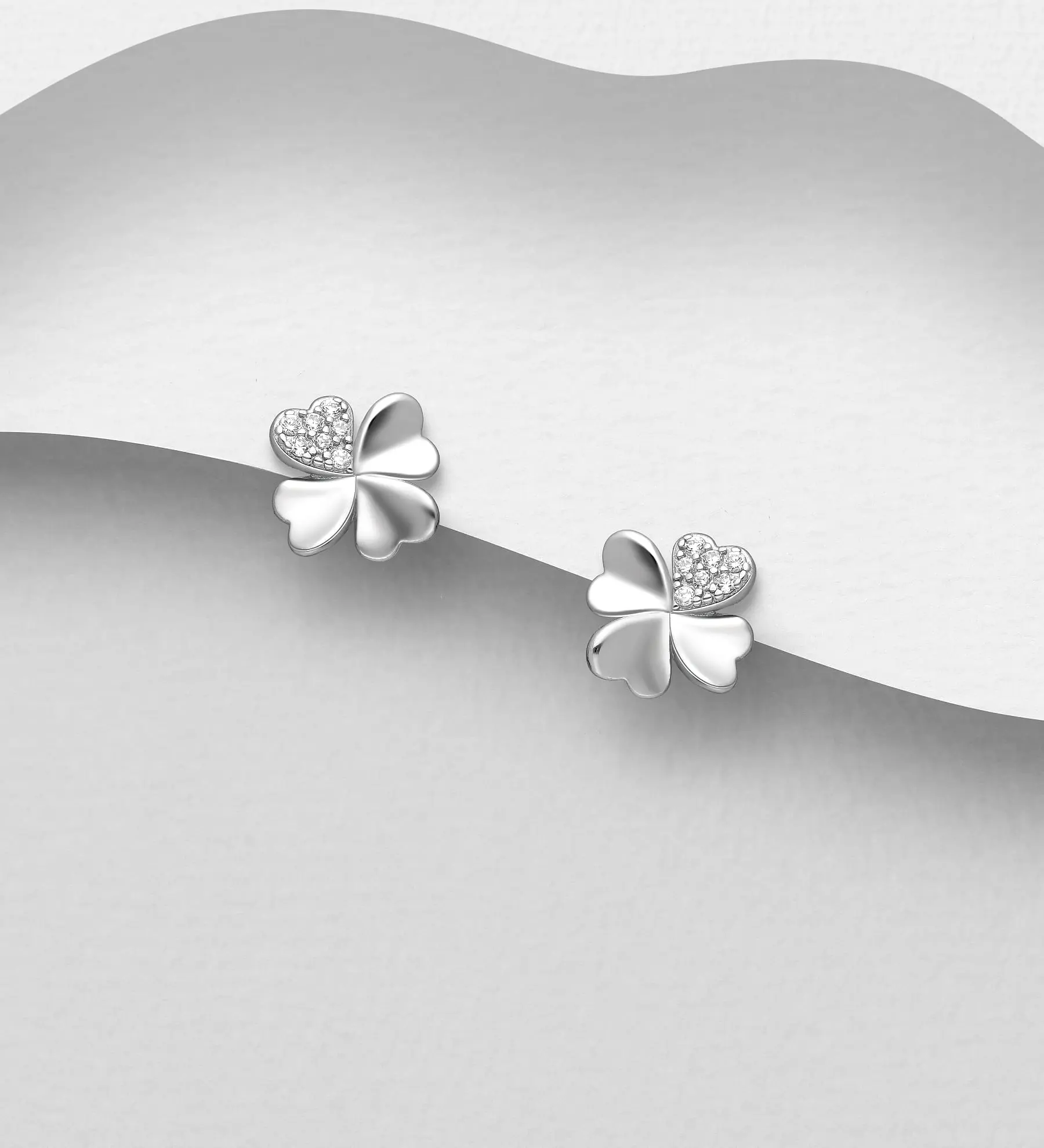 Náušnice ze stříbra 925 Clover Čtyřlístek Push-Back, zdobené CZ simulovanými diamanty