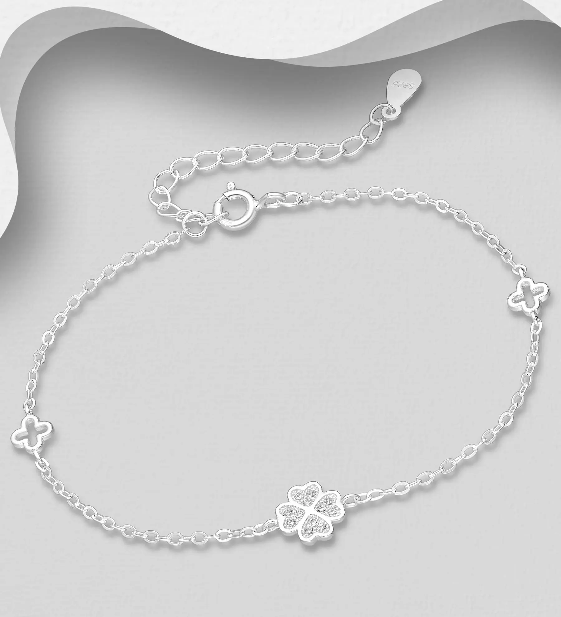 Náramek stříbro 925 Clover, Čtyřlístek zdobený CZ simulovanými diamanty