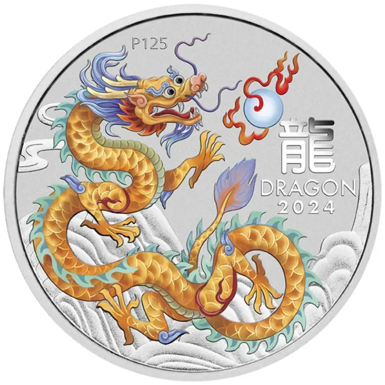 Zlatý drak dragon 2024 $ 1 1 oz Stříbrná lunární barevná mince v kapsli