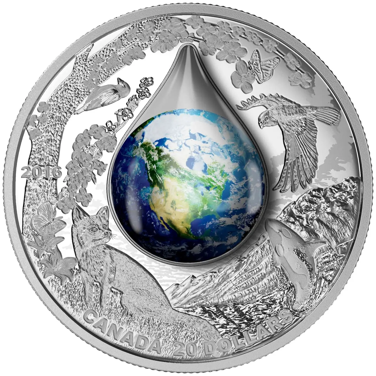 ZEMĚ KAPKA VODY 3D 2016 20 $ 1 oz stříbrná mince – Royal Canadian Mint
