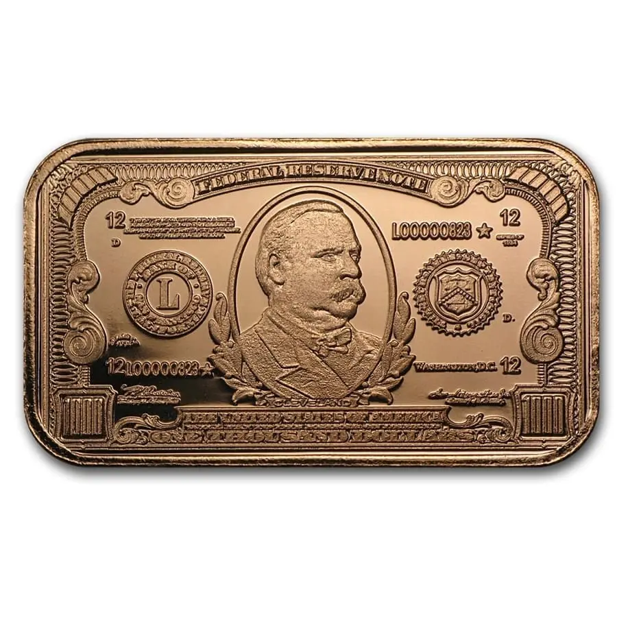 1 oz měděný slitek – replika bankovek Grover Cleveland v hodnotě 1 000 dolarů
