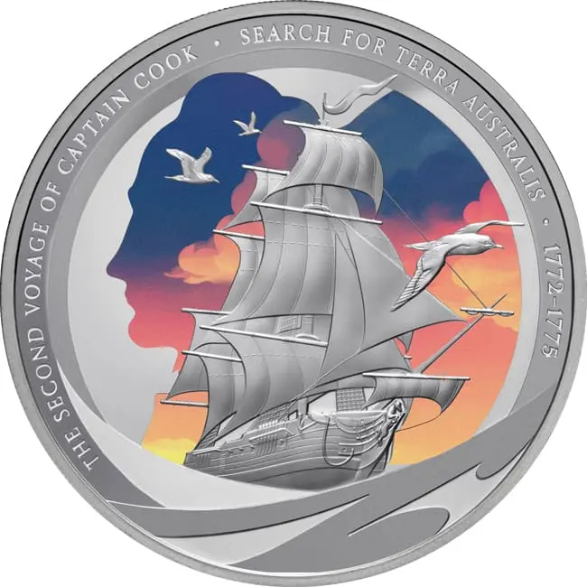Stříbrná mince Kapitán Cook – Druhá plavba 2025 – 1 NZD, Niue, 1 oz, Proof